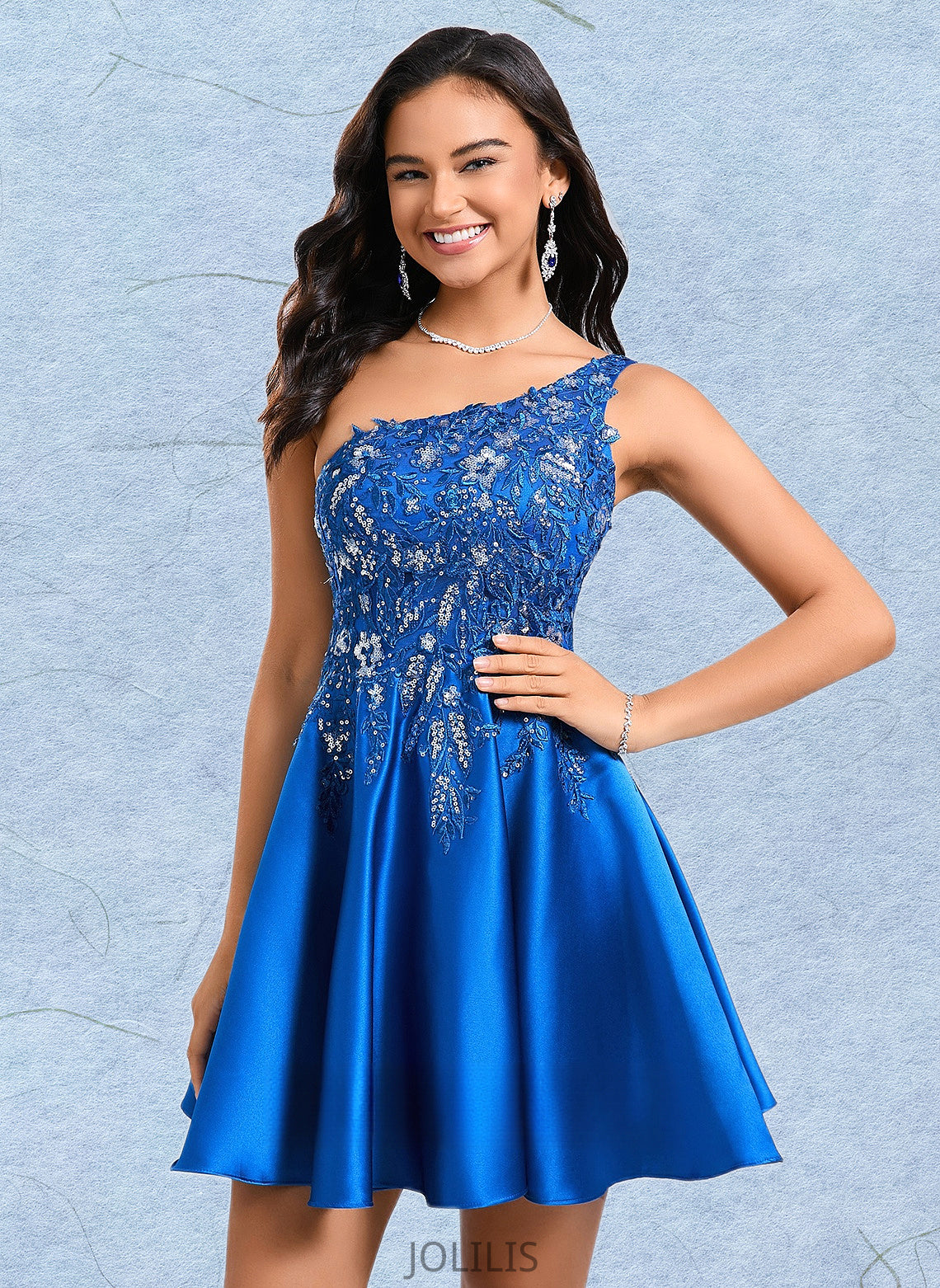 Dixie A-line One Shoulder Short Satin Homecoming Dress With Appliques Lace Sequins HIP0025657