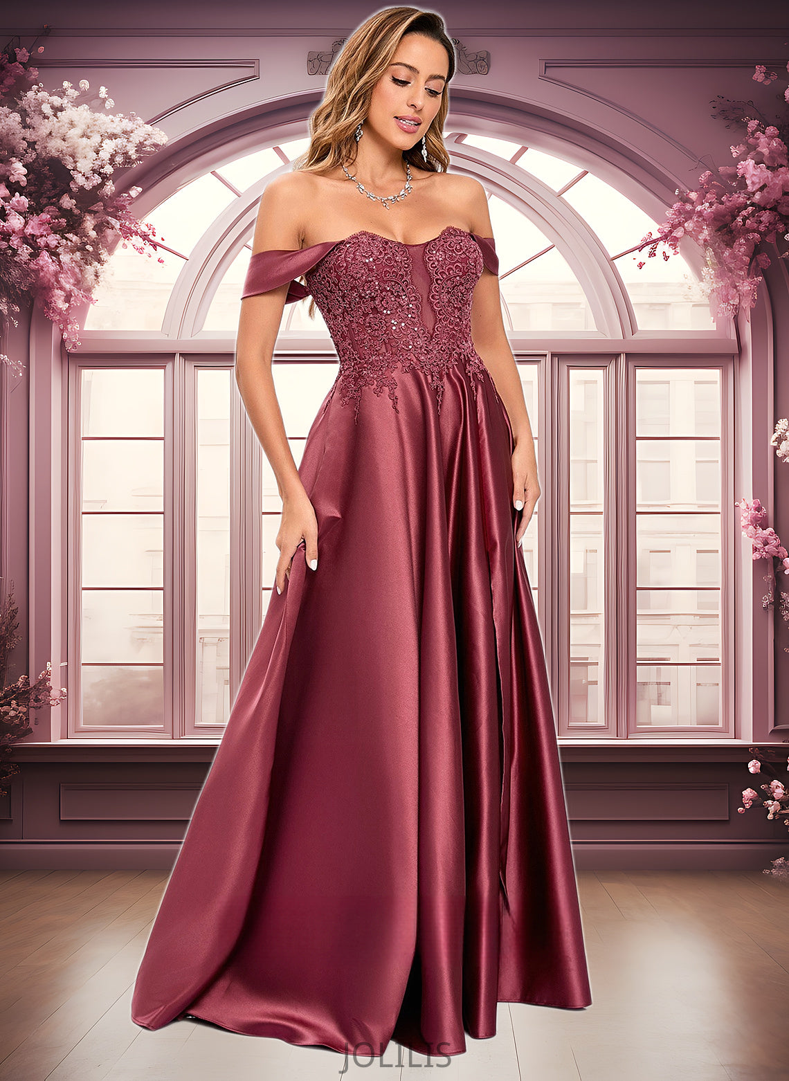 Maia A-line Off the Shoulder Floor-Length Satin Lace Prom Dresses With Sequins HIP0025841