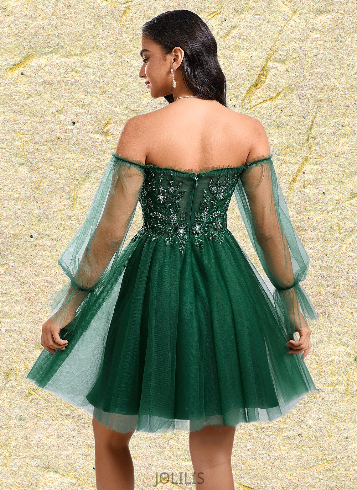 Briana A-line Off the Shoulder Short Tulle Homecoming Dress With Sequins Appliques Lace HIP0025663