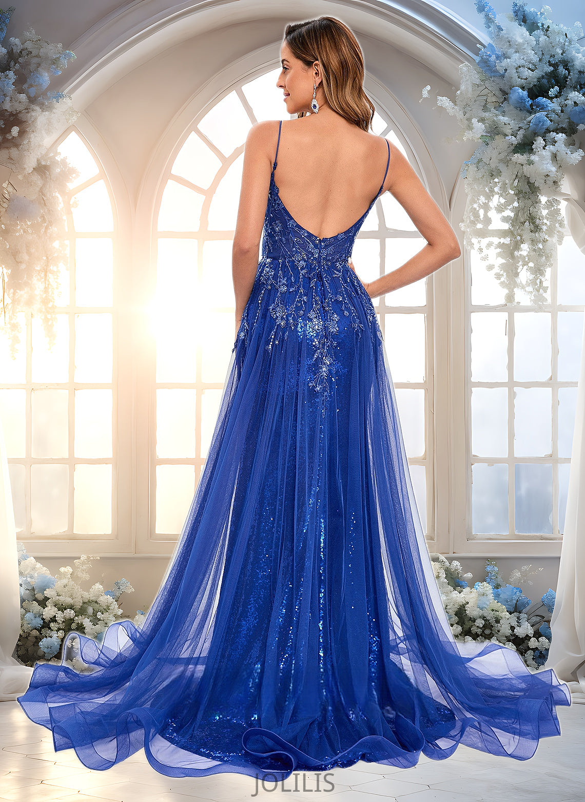 Mara Trumpet/Mermaid Straight Sweep Train Tulle Sequin Prom Dresses With Sequins Appliques Lace HIP0025857