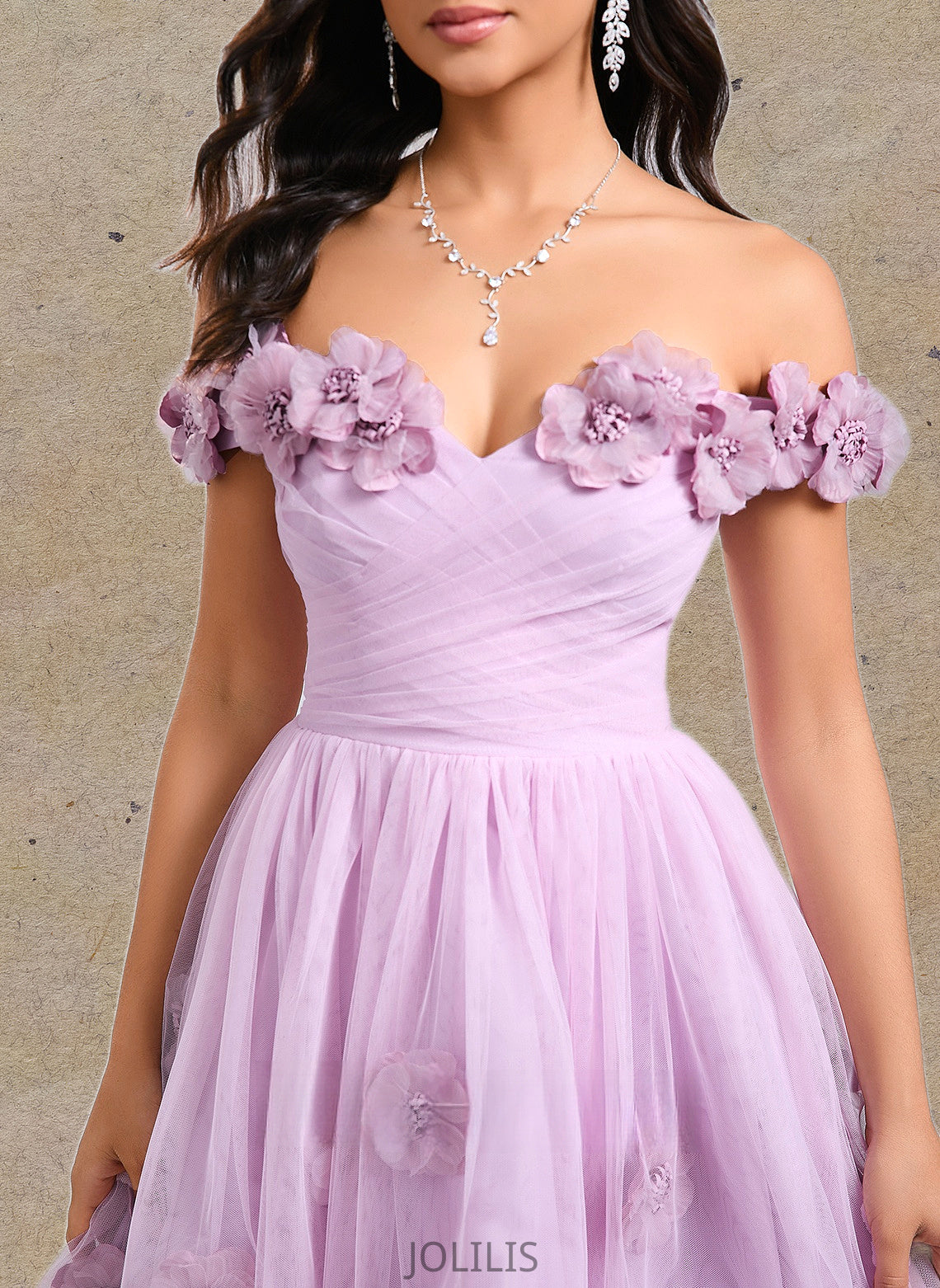 Nayeli Ball-Gown/Princess Off the Shoulder Short Tulle Homecoming Dress With Pleated Flower HIP0025668