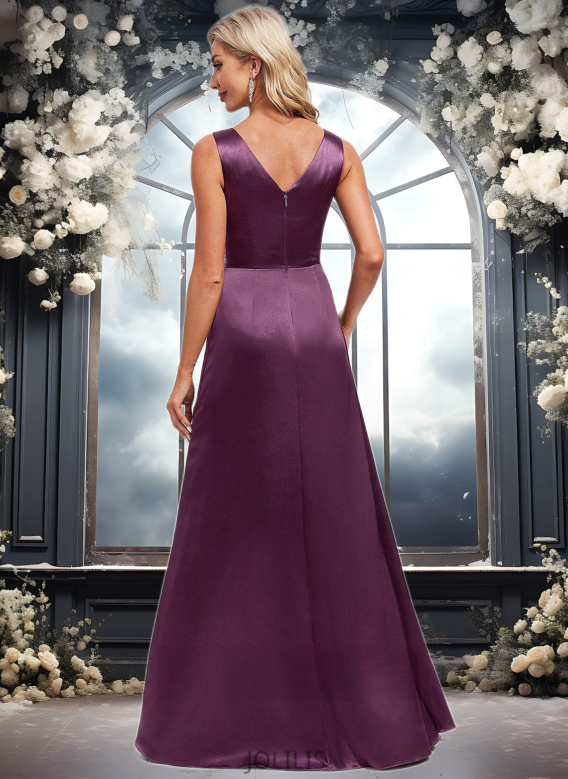 Rebecca A-line Scoop Floor-Length Stretch Satin Bridesmaid Dress HIP0025829