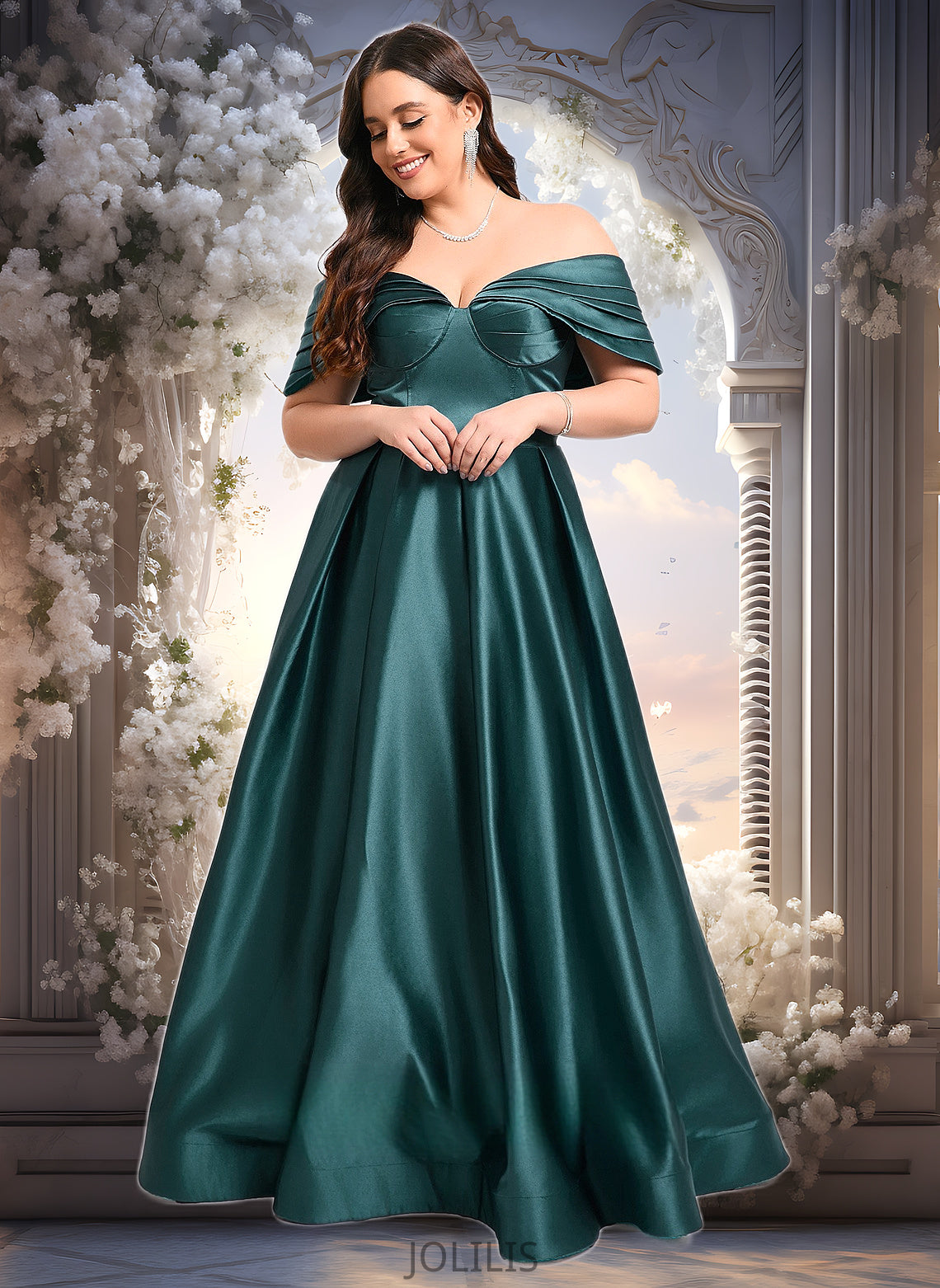 Reese A-line Off the Shoulder Floor-Length Satin Prom Dresses With Pleated HIP0025851