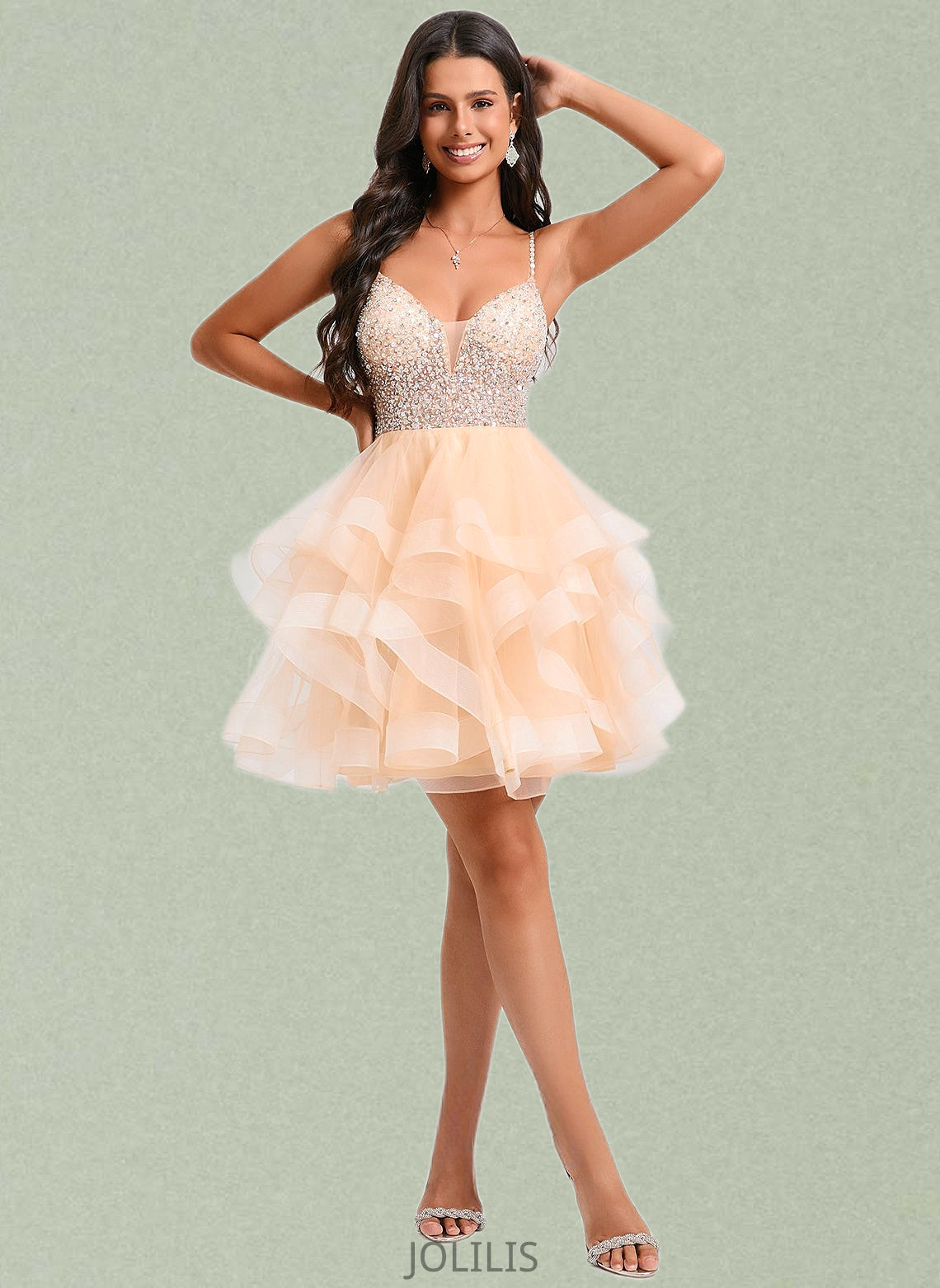 Raven Ball-Gown/Princess V-Neck Short Tulle Homecoming Dress With Beading Sequins HIP0025646