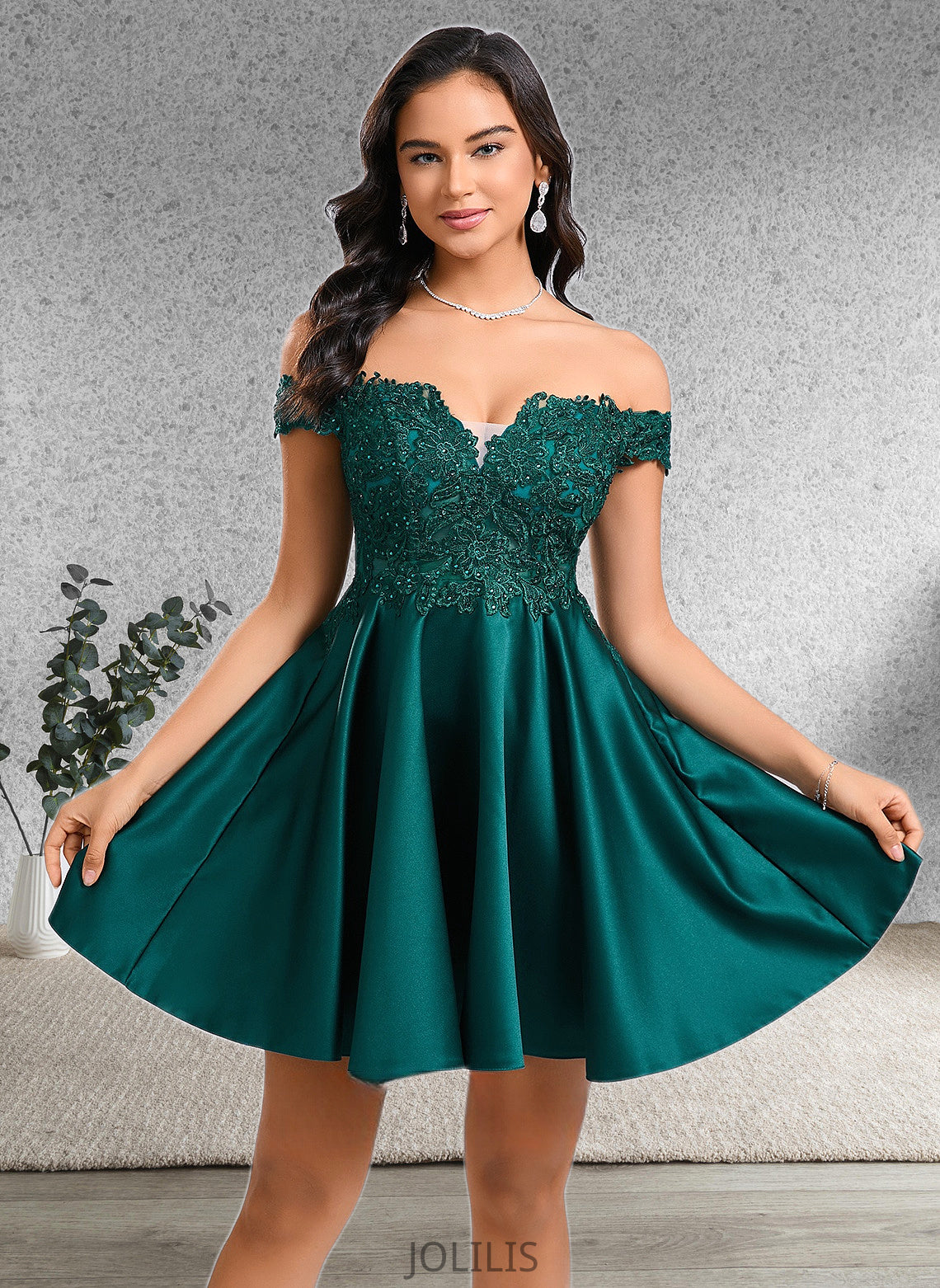 Jean A-line Off the Shoulder Short Lace Satin Homecoming Dress With Rhinestone HIP0025718