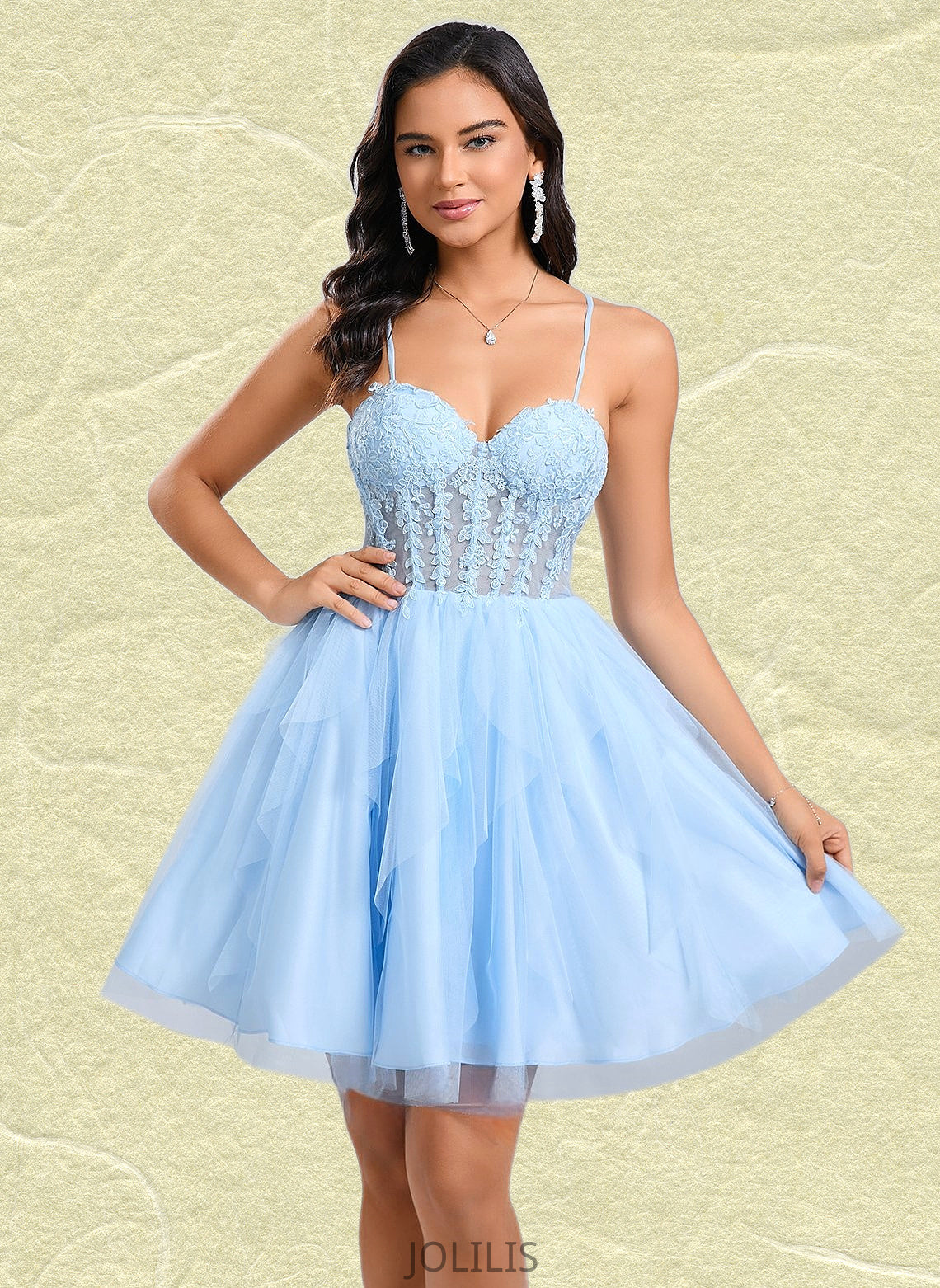 Madge Ball-Gown/Princess Sweetheart Short Lace Tulle Homecoming Dress With Ruffle HIP0025707