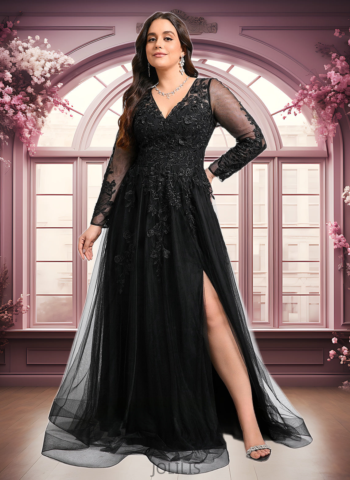 Lindsay A-line V-Neck Floor-Length Tulle Prom Dresses With Sequins Appliques Lace Beading HIP0025834