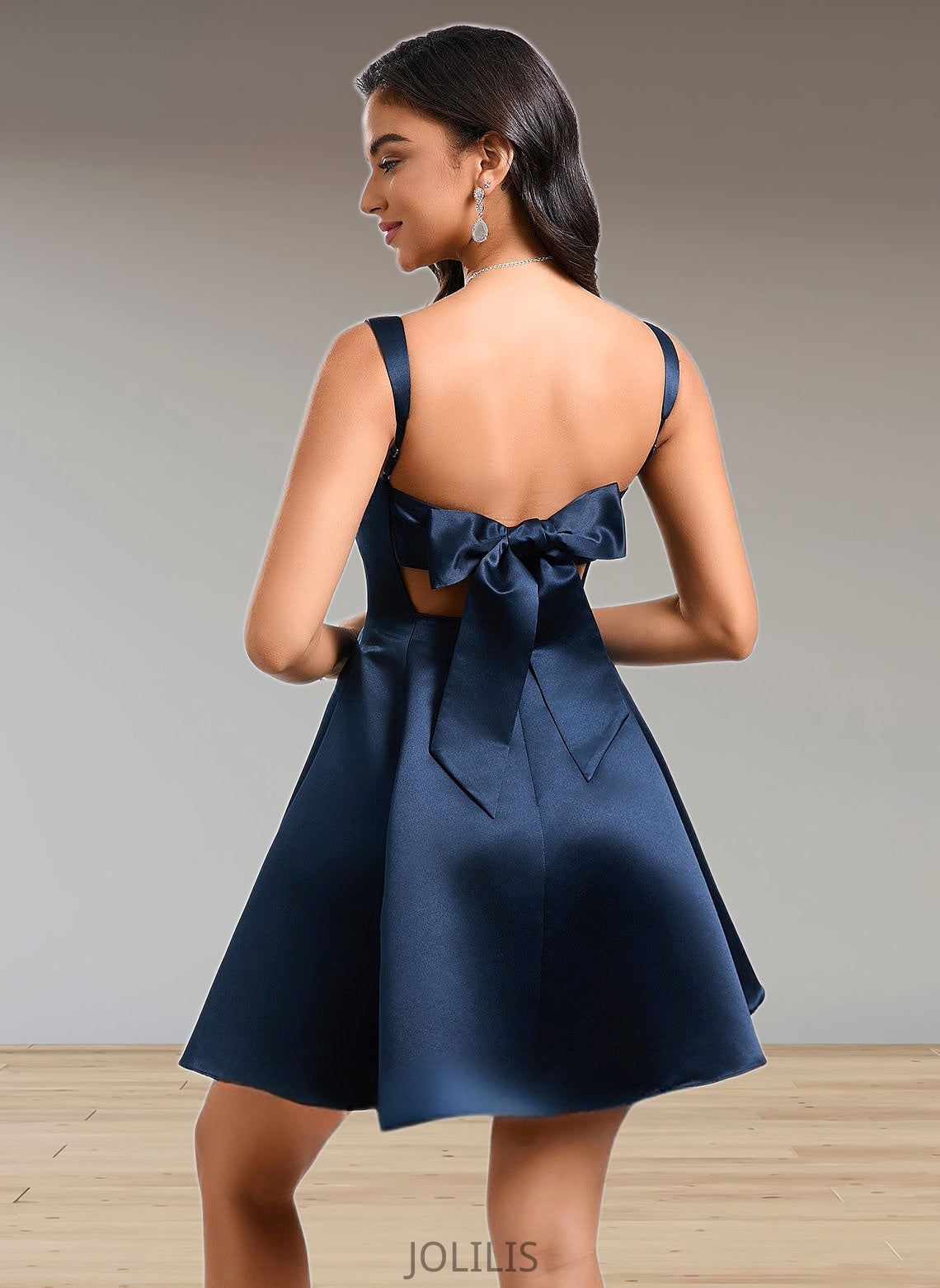 Teresa A-line Straight Short Satin Homecoming Dress With Bow HIP0025639