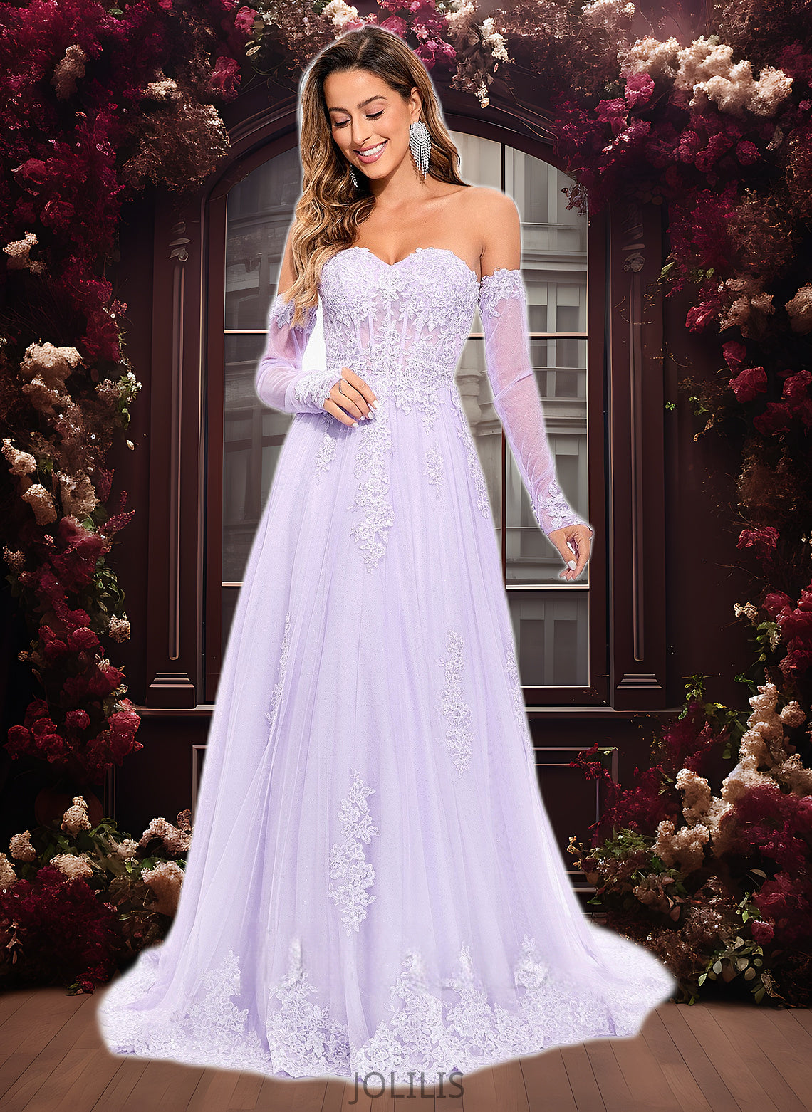 Nydia A-line Sweetheart Sweep Train Tulle Prom Dresses With Sequins Appliques Lace HIP0025856