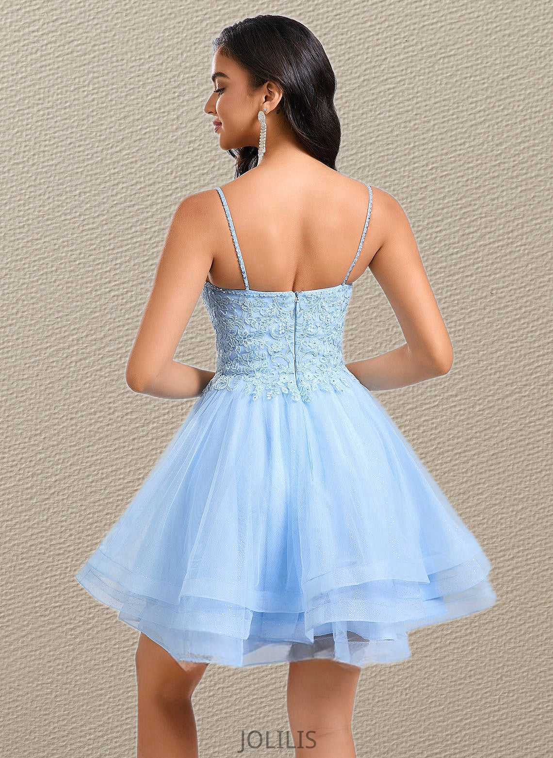 Sadie A-line V-Neck Short Lace Tulle Homecoming Dress With Rhinestone Sequins HIP0025658