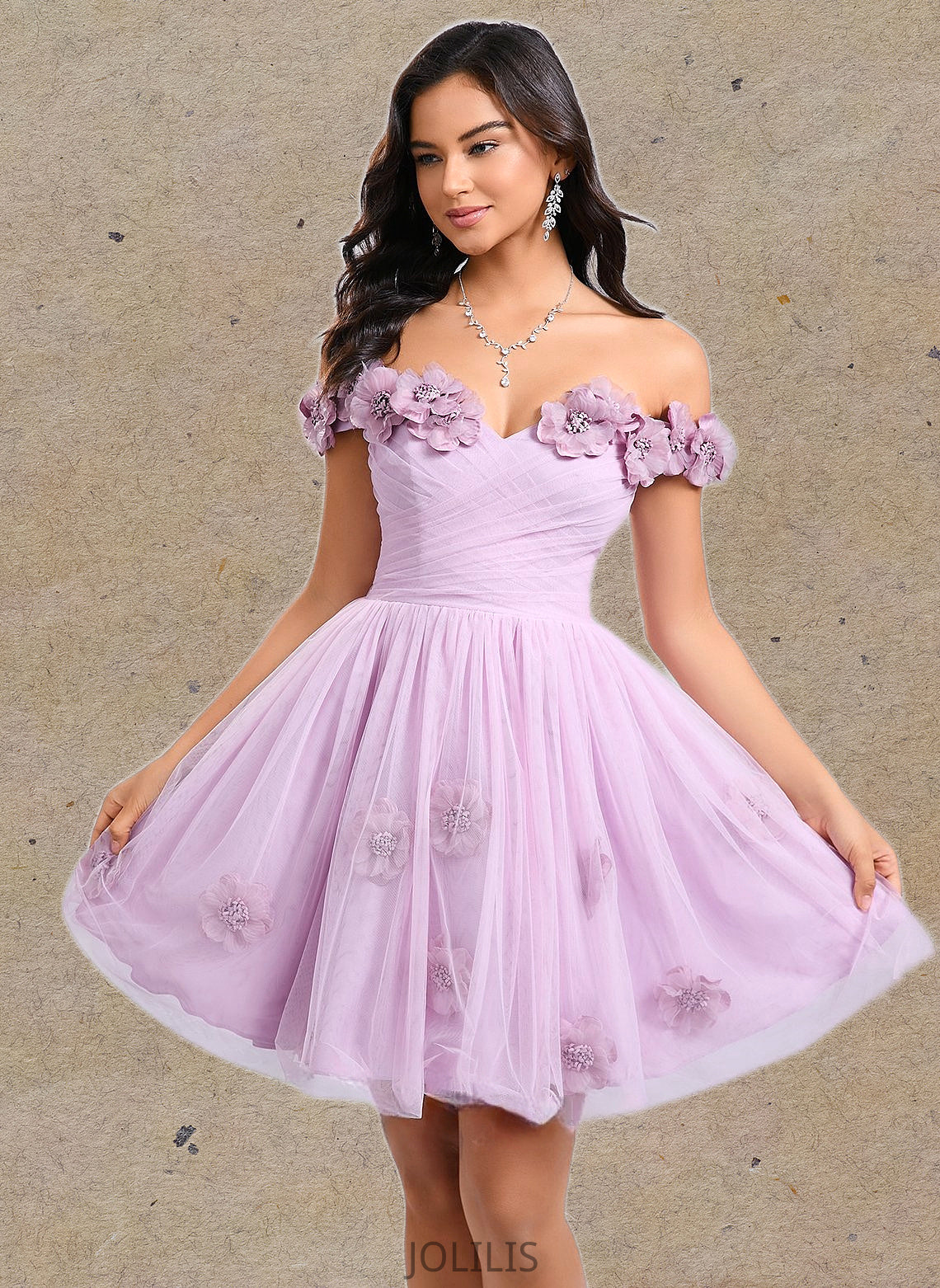 Nayeli Ball-Gown/Princess Off the Shoulder Short Tulle Homecoming Dress With Pleated Flower HIP0025668