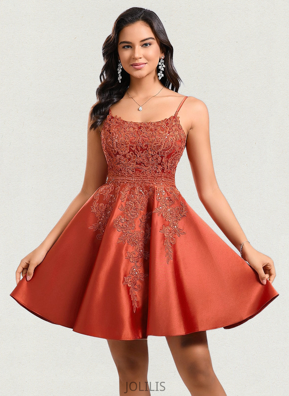 Terri A-line Scoop Short Satin Lace Homecoming Dress With Sequins HIP0025683