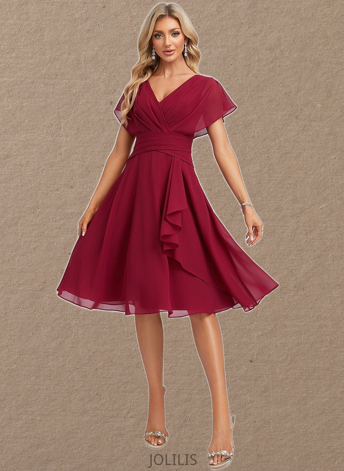 Lilly A-line V-Neck Knee-Length Chiffon Homecoming Dress With Ruffle HIP0025716