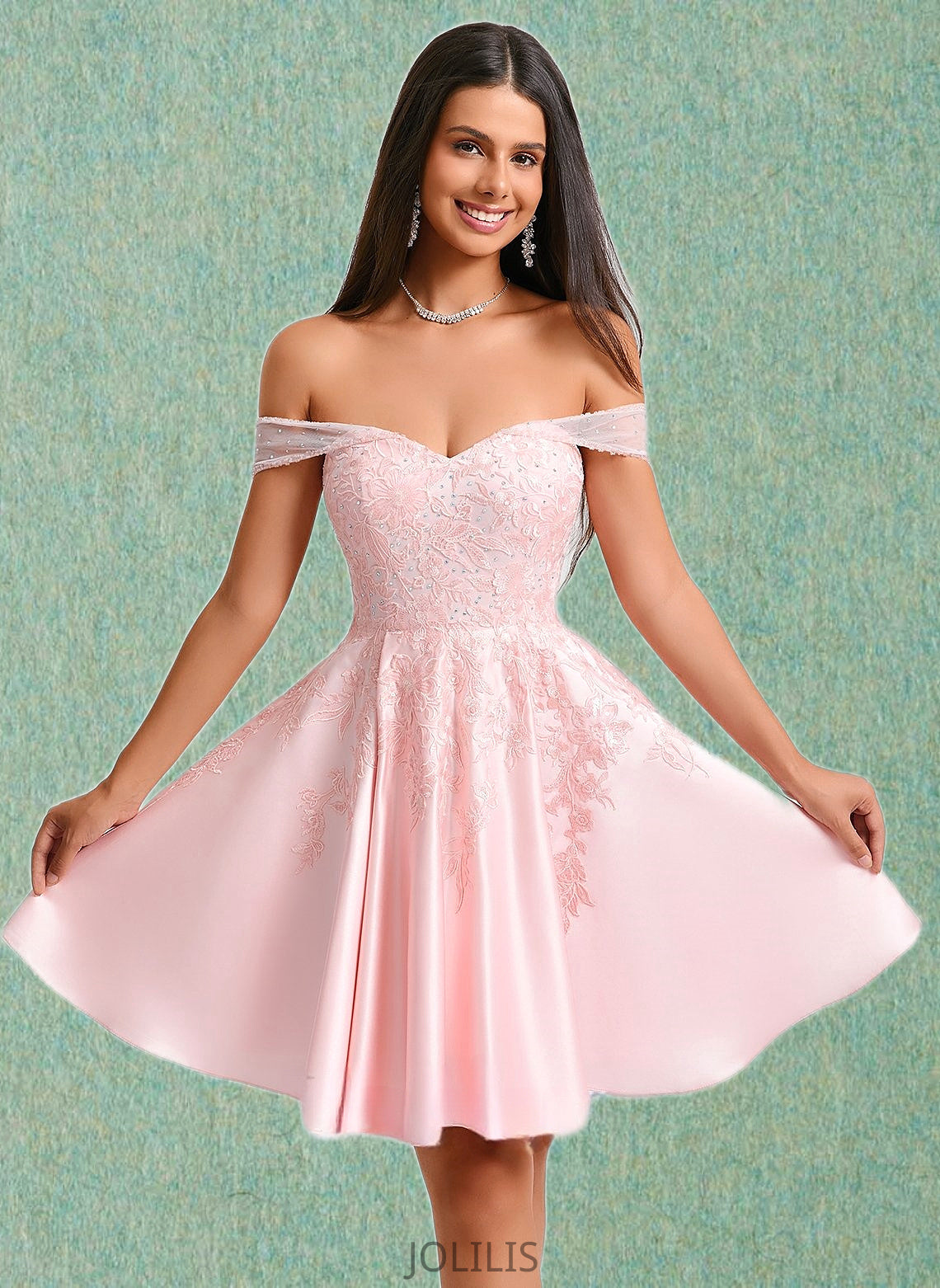 April A-line Off the Shoulder Short Satin Homecoming Dress With Rhinestone Beading Appliques Lace HIP0025679