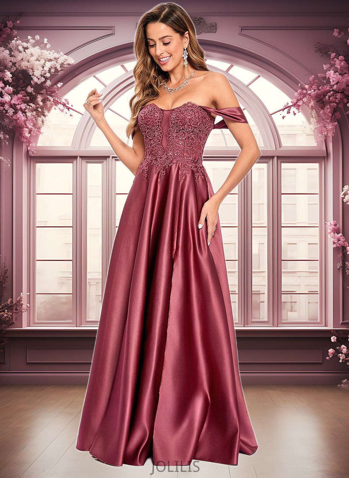 Maia A-line Off the Shoulder Floor-Length Satin Lace Prom Dresses With Sequins HIP0025841