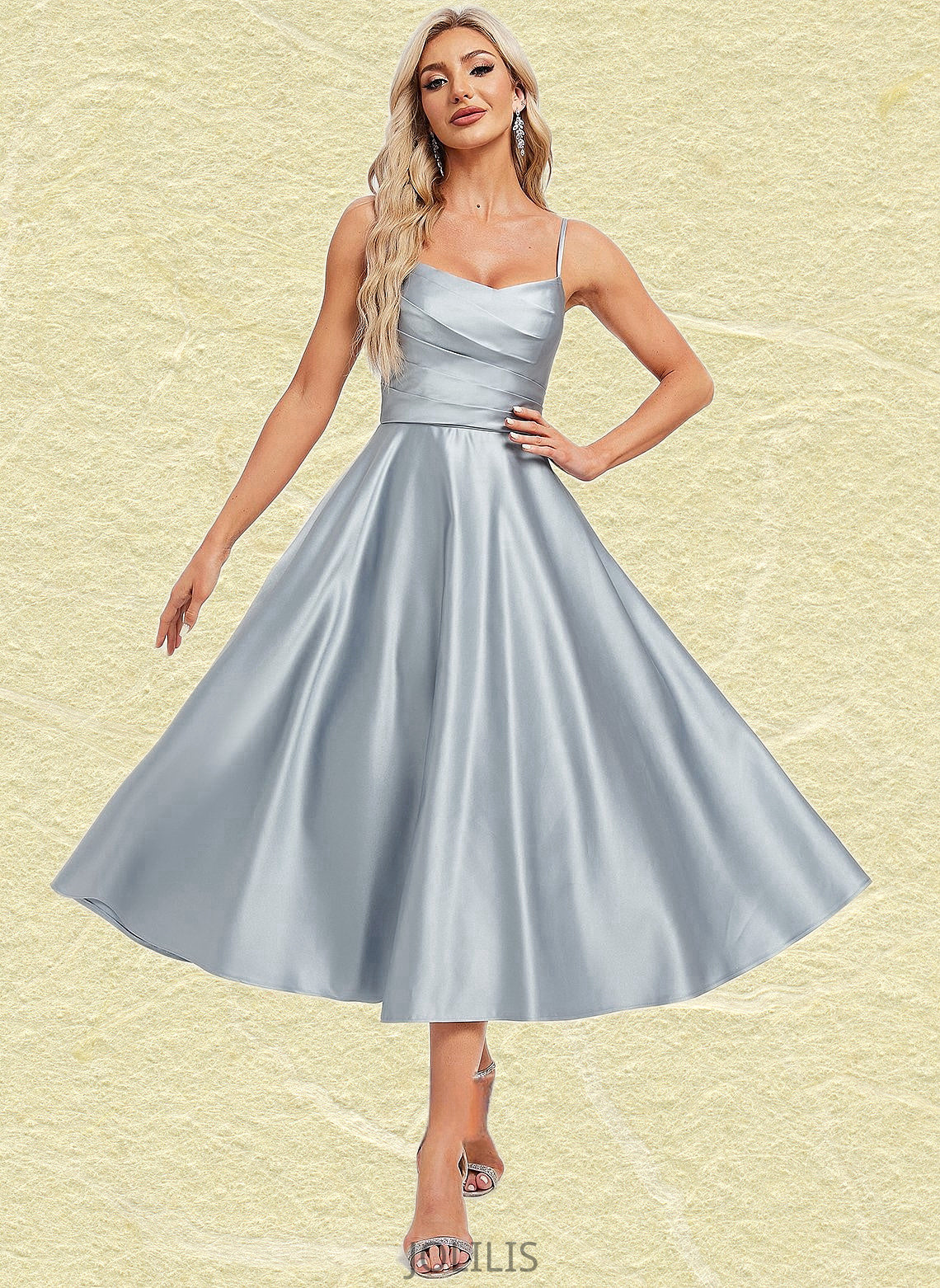 Amari A-line V-Neck Tea-Length Satin Homecoming Dress HIP0025694