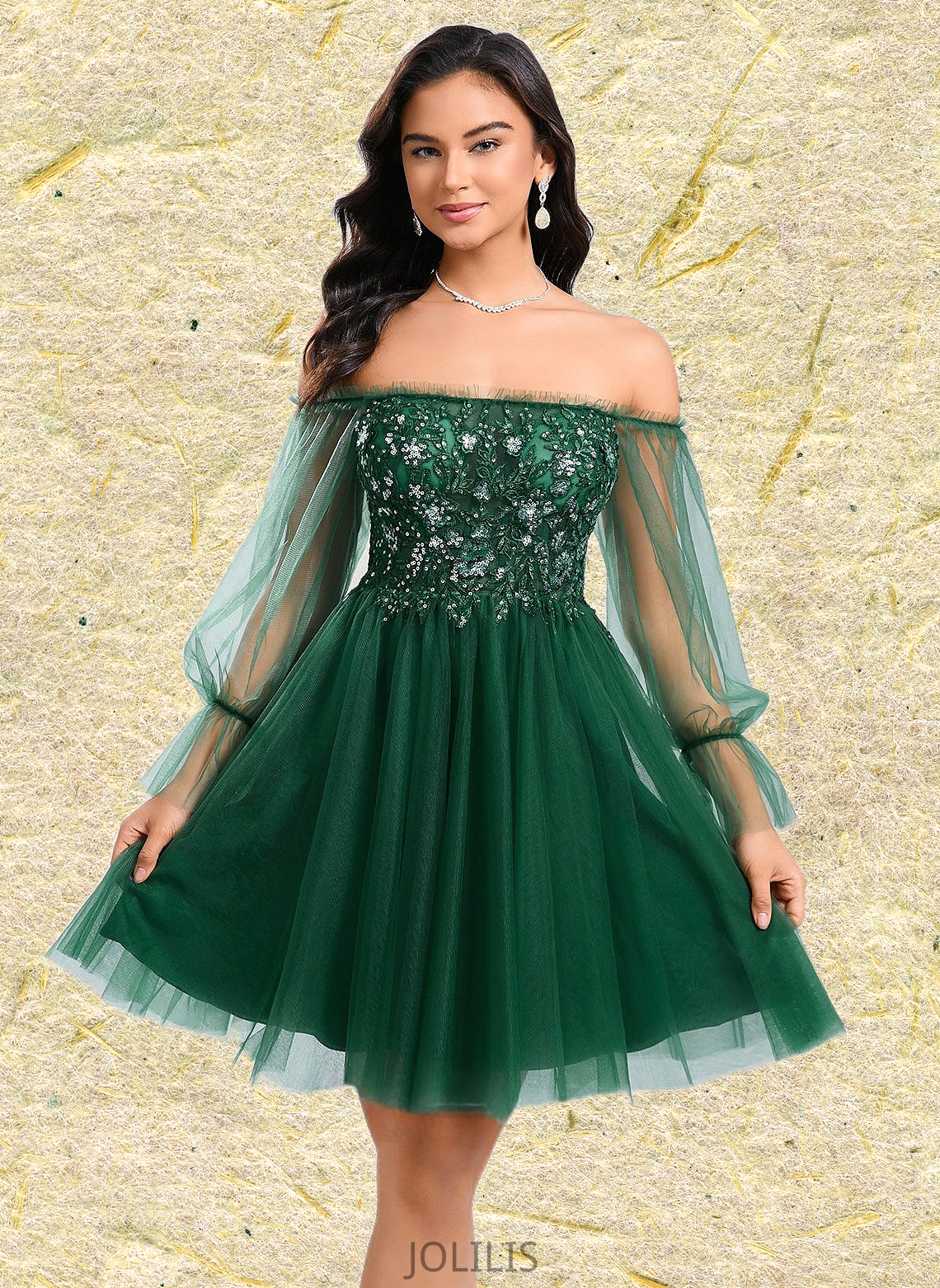 Briana A-line Off the Shoulder Short Tulle Homecoming Dress With Sequins Appliques Lace HIP0025663