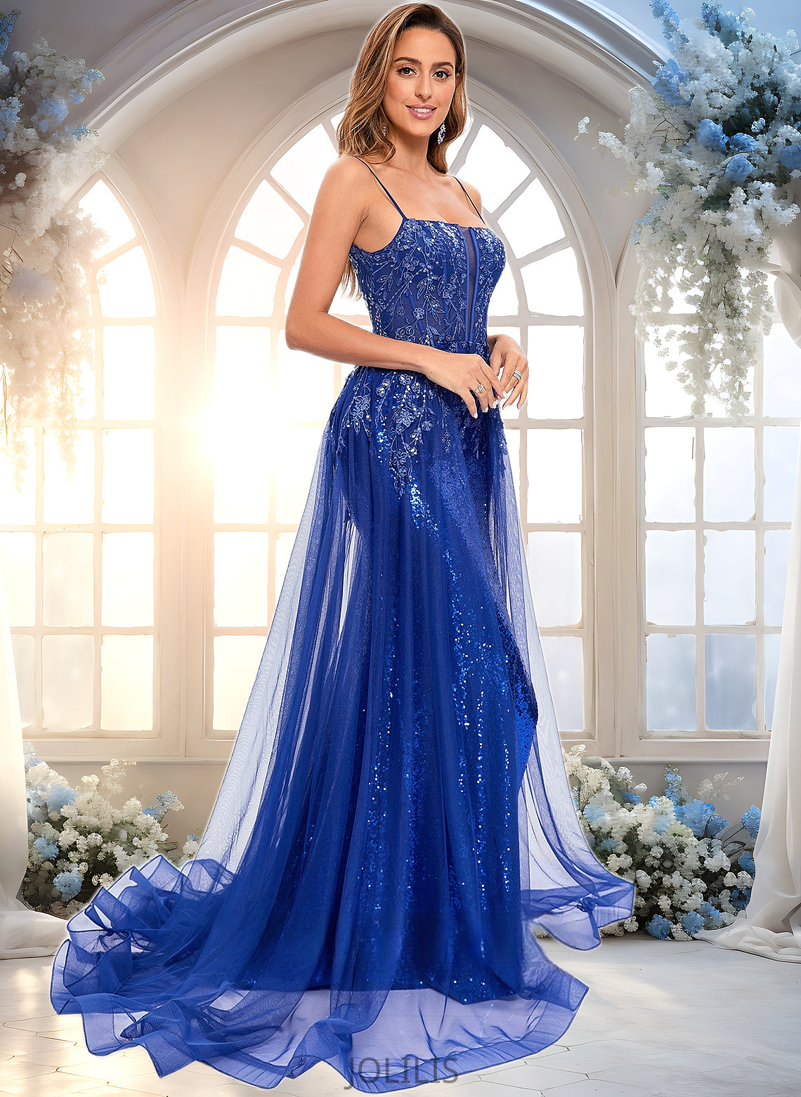 Mara Trumpet/Mermaid Straight Sweep Train Tulle Sequin Prom Dresses With Sequins Appliques Lace HIP0025857