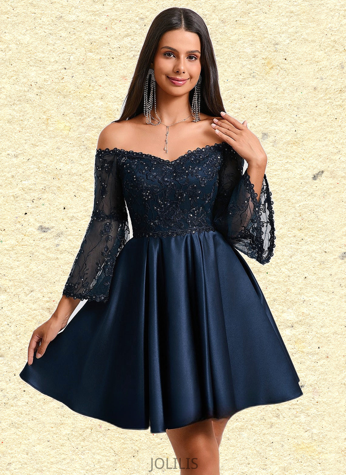 Sierra A-line Off the Shoulder Short Satin Homecoming Dress With Sequins HIP0025651