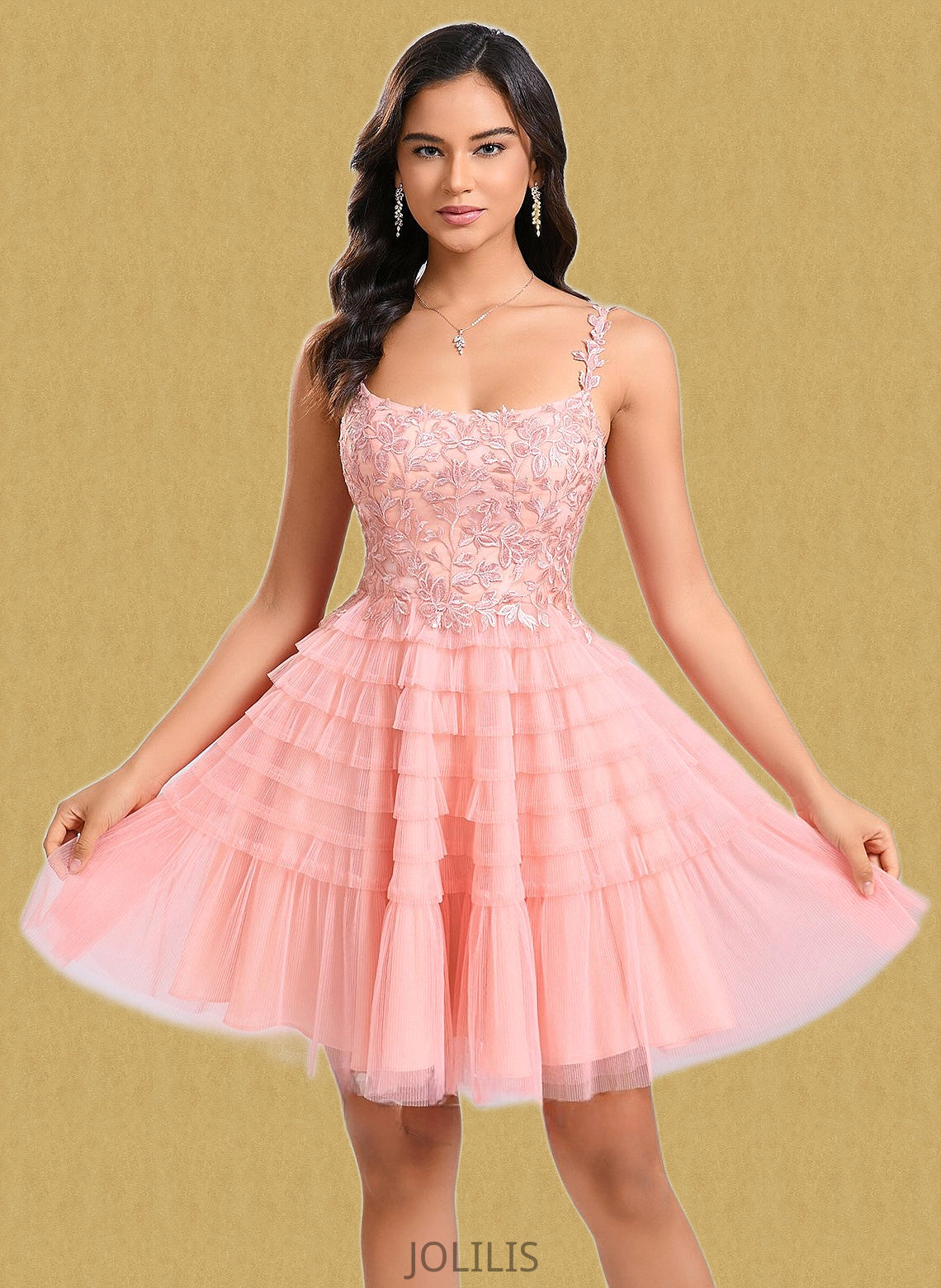 Lucille Ball-Gown/Princess Scoop Short Tulle Lace Homecoming Dress With Ruffle HIP0025676