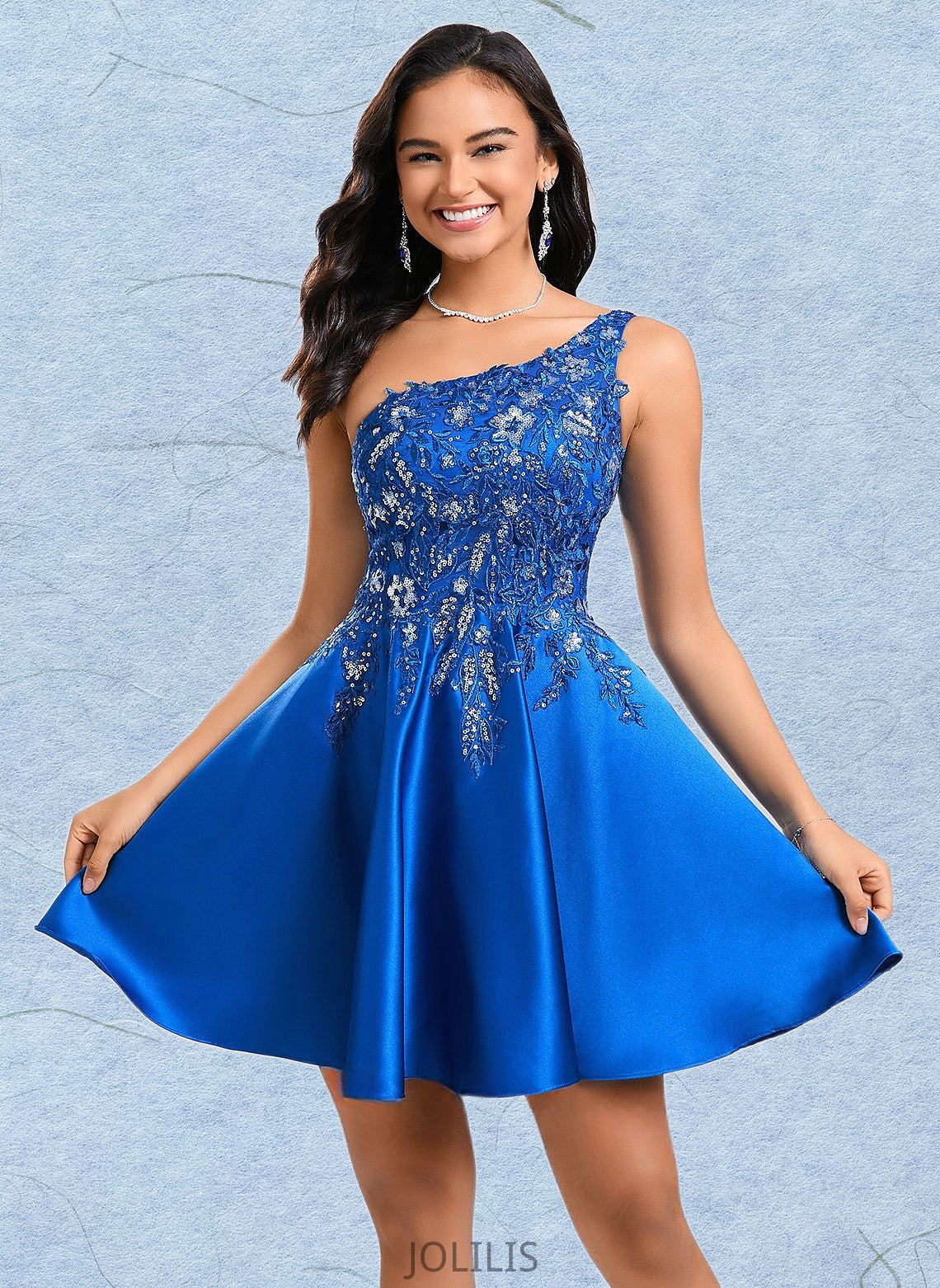 Dixie A-line One Shoulder Short Satin Homecoming Dress With Appliques Lace Sequins HIP0025657