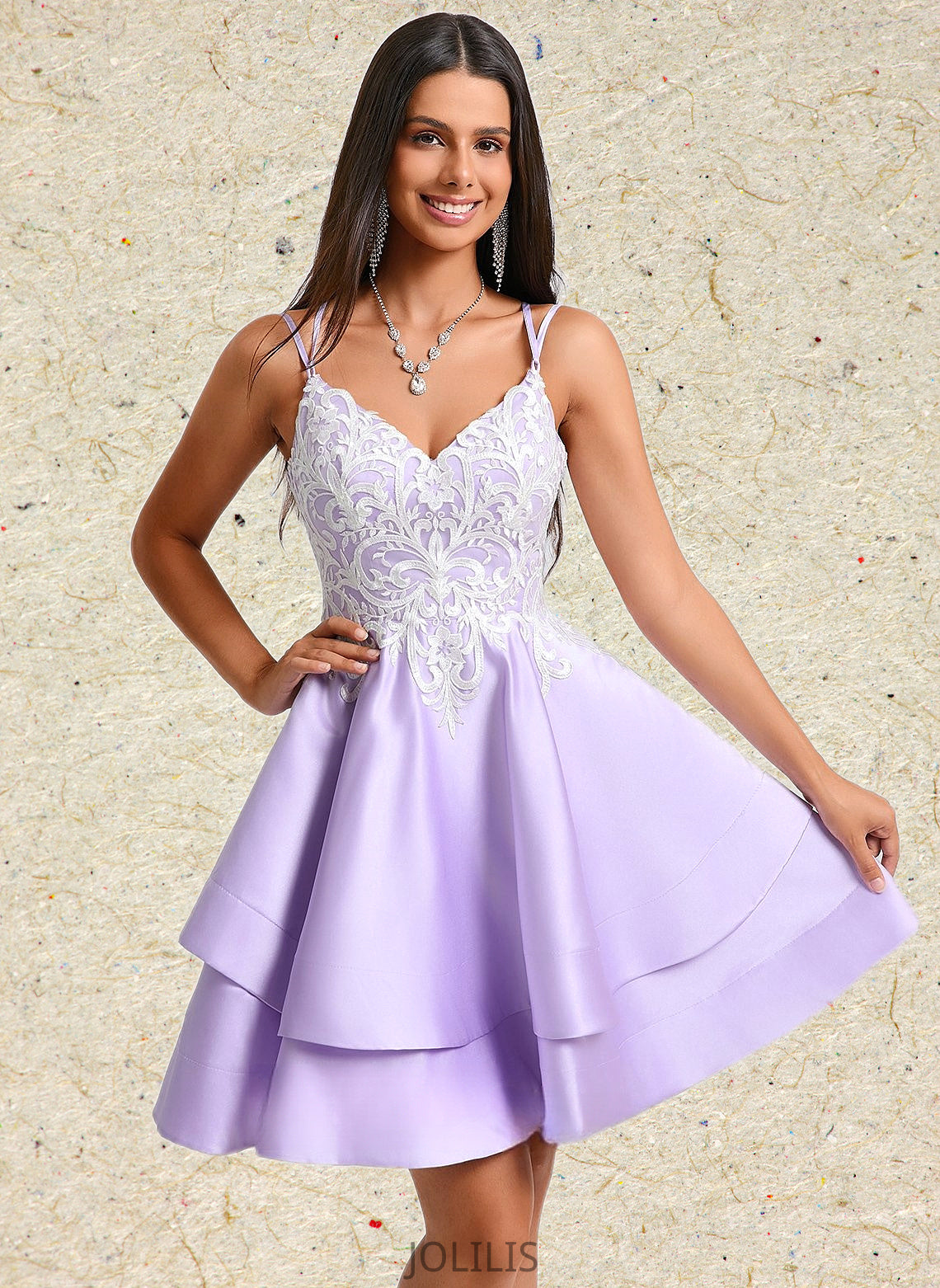 Katelynn A-line V-Neck Short Satin Homecoming Dress With Appliques Lace HIP0025696