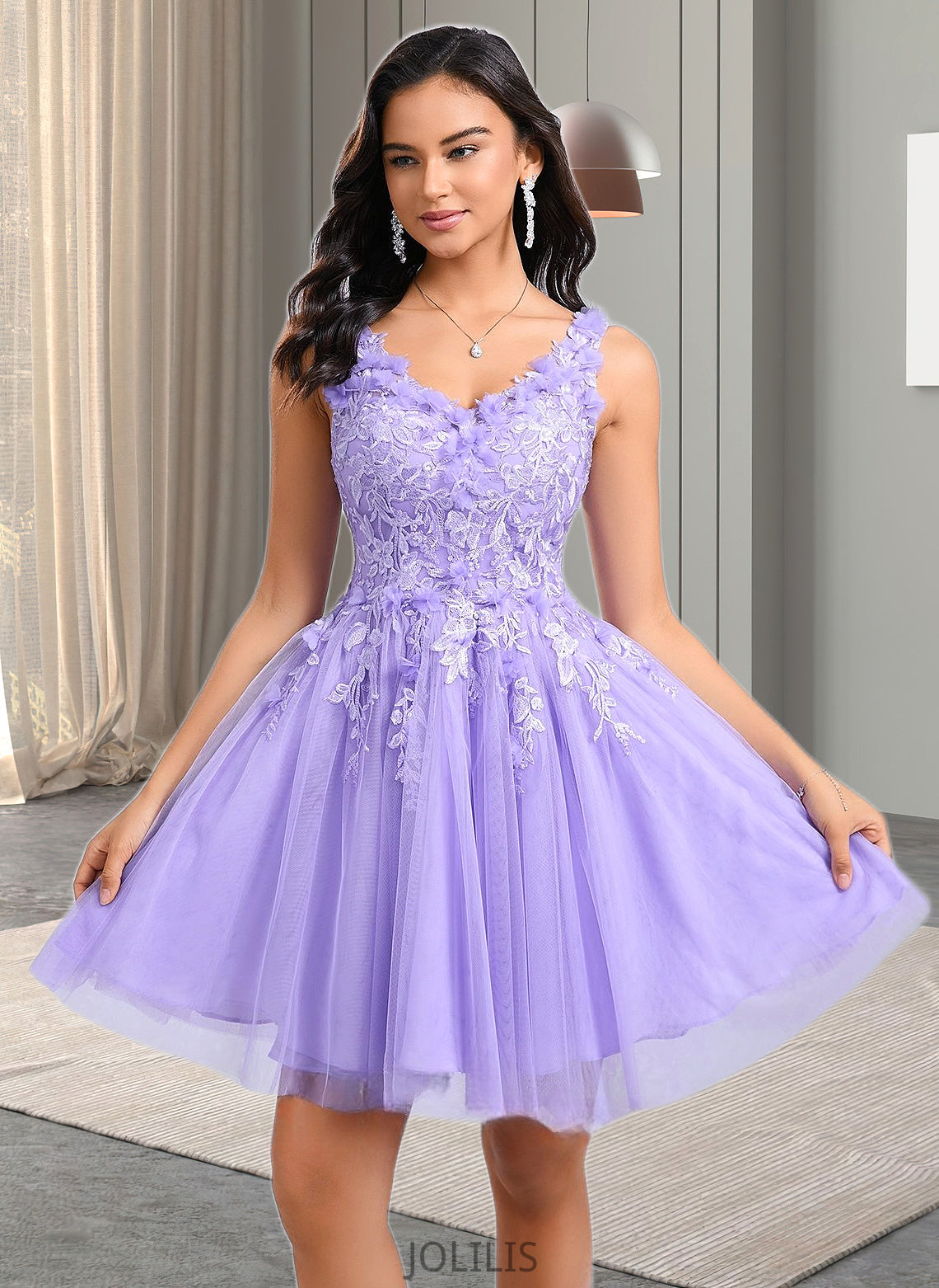 Martina Ball-Gown/Princess V-Neck Short Lace Tulle Homecoming Dress With Flower HIP0025656