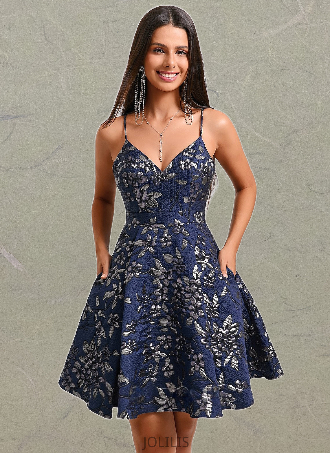 Crystal A-line V-Neck Short Jacquard Homecoming Dress HIP0025701