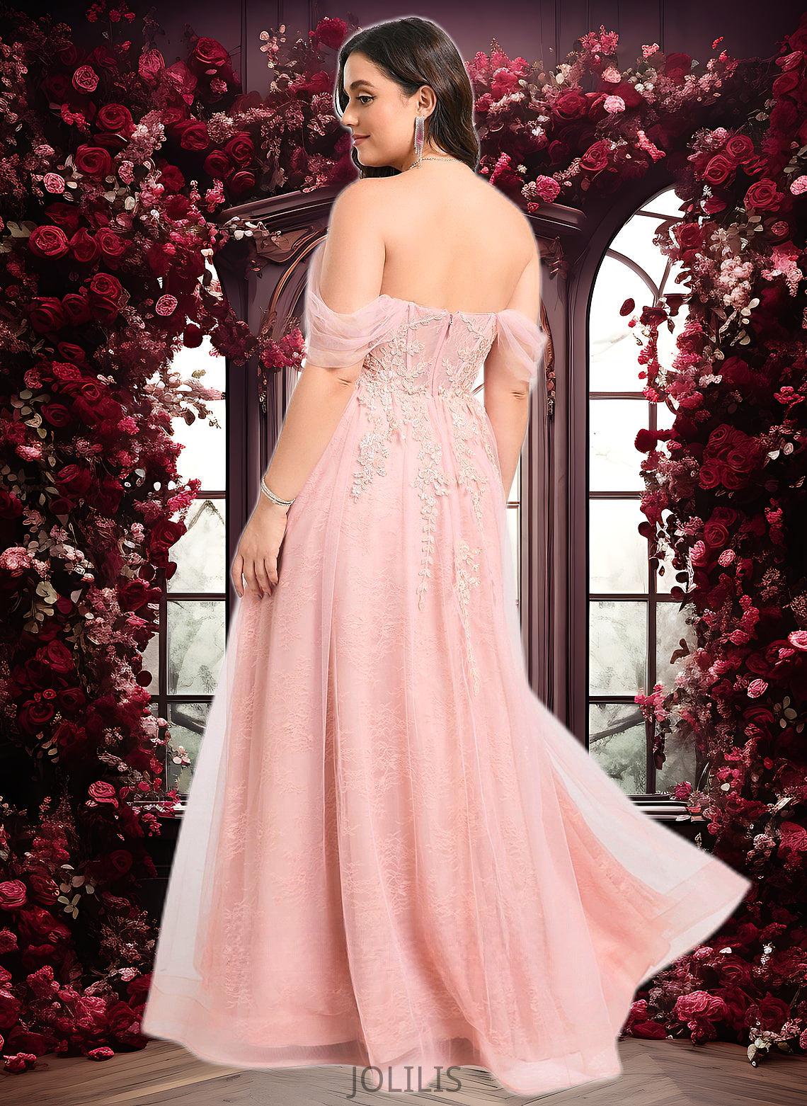 Alyssa A-line Sweetheart Off the Shoulder Floor-Length Tulle Floral Lace Prom Dresses With Appliques Lace HIP0025870