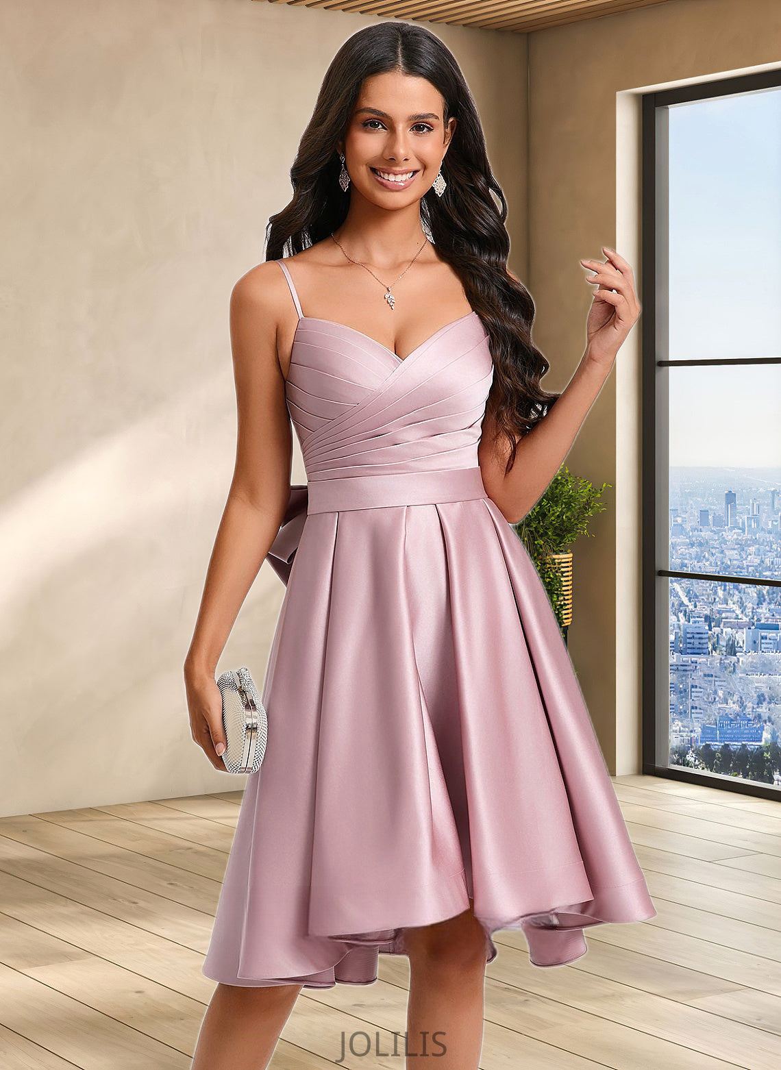 Olive A-line V-Neck Asymmetrical Satin Homecoming Dress With Bow Pleated HIP0025699