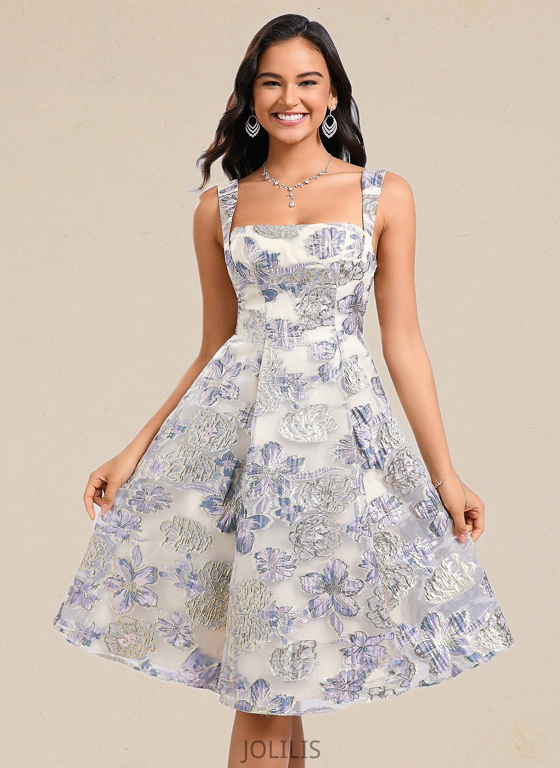 Susan A-line Square Knee-Length Jacquard Homecoming Dress With Bow HIP0025687