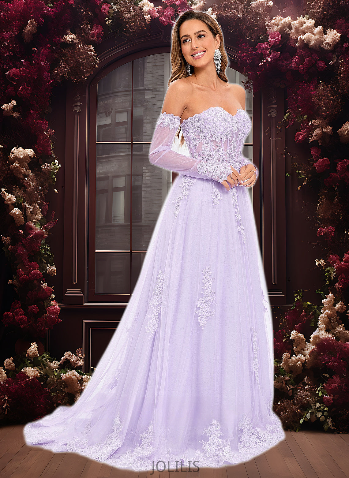 Nydia A-line Sweetheart Sweep Train Tulle Prom Dresses With Sequins Appliques Lace HIP0025856