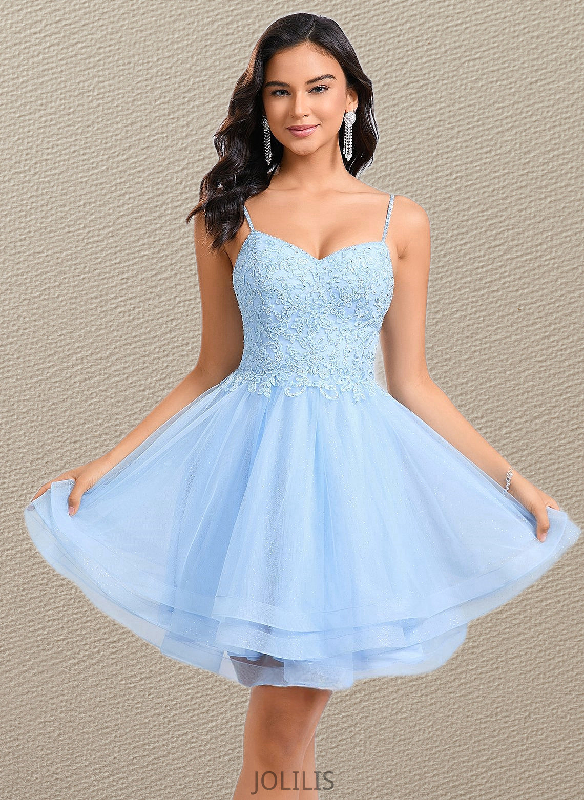 Sadie A-line V-Neck Short Lace Tulle Homecoming Dress With Rhinestone Sequins HIP0025658