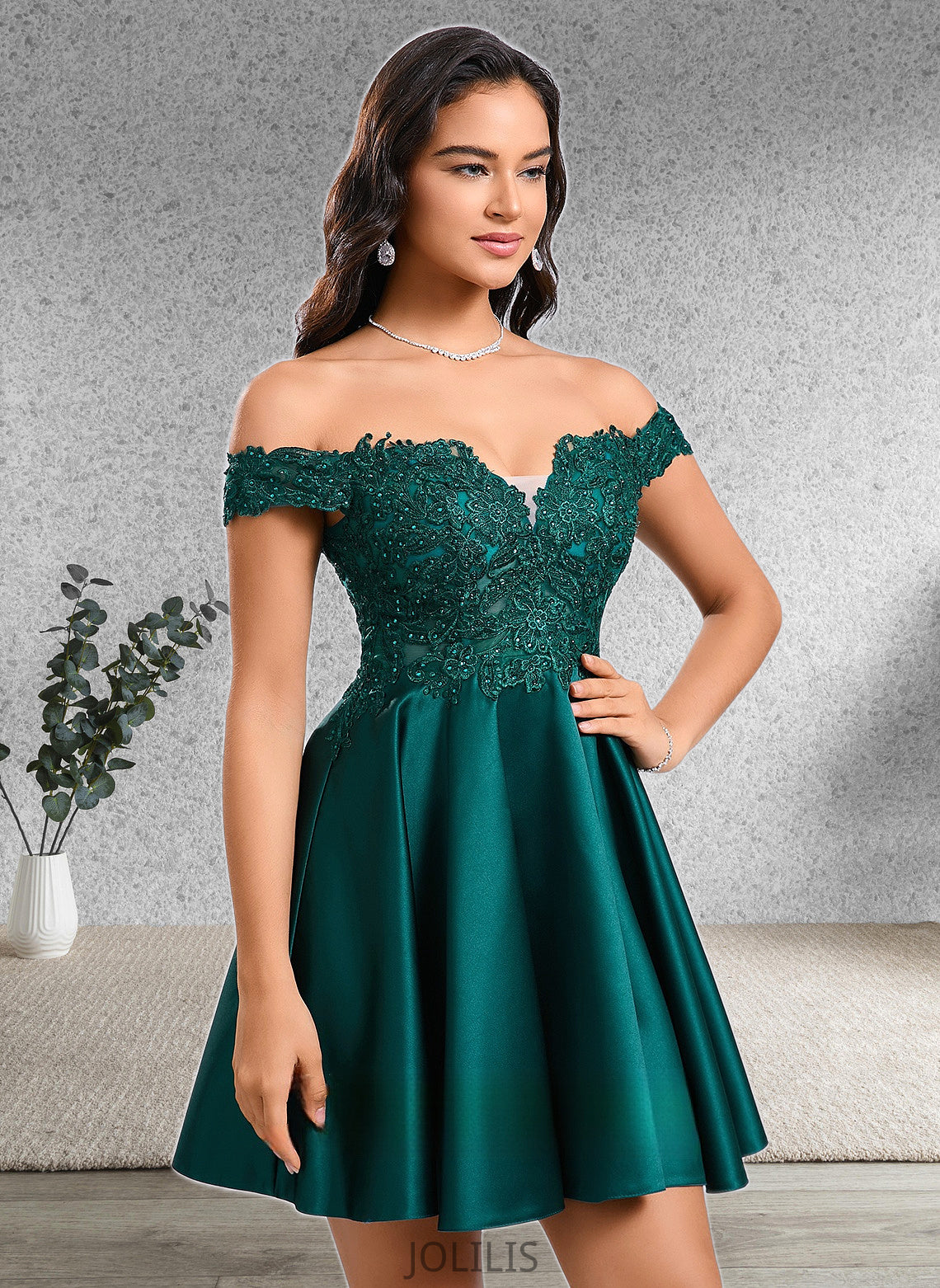 Jean A-line Off the Shoulder Short Lace Satin Homecoming Dress With Rhinestone HIP0025718