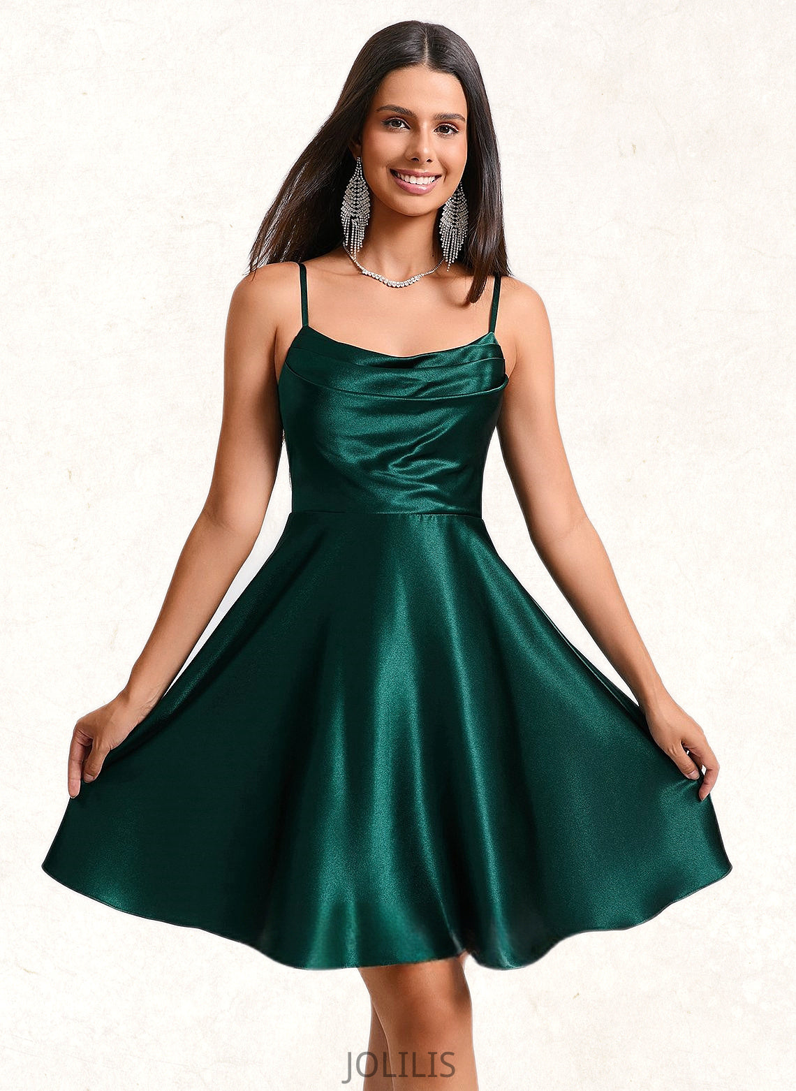 Emelia A-line Cowl Short Stretch Satin Homecoming Dress HIP0025664