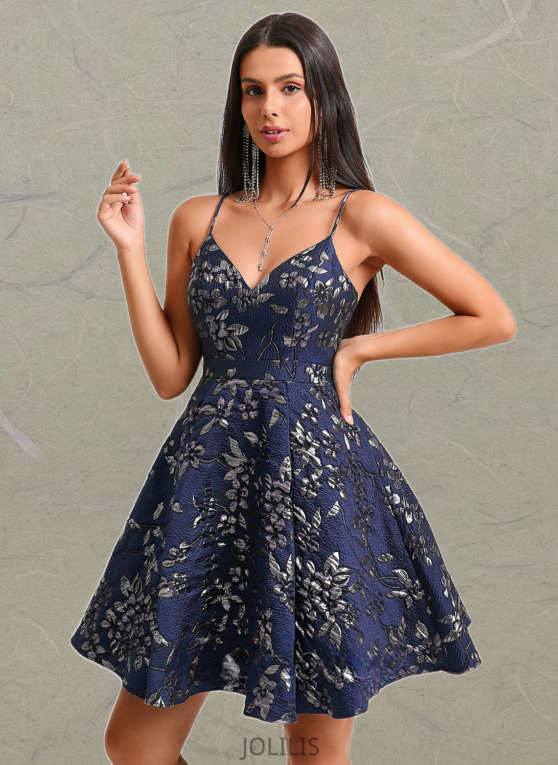 Crystal A-line V-Neck Short Jacquard Homecoming Dress HIP0025701