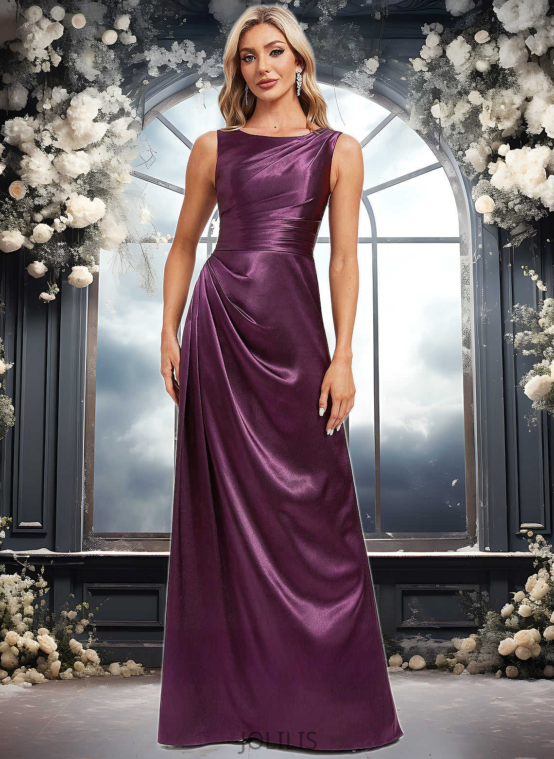 Rebecca A-line Scoop Floor-Length Stretch Satin Bridesmaid Dress HIP0025829