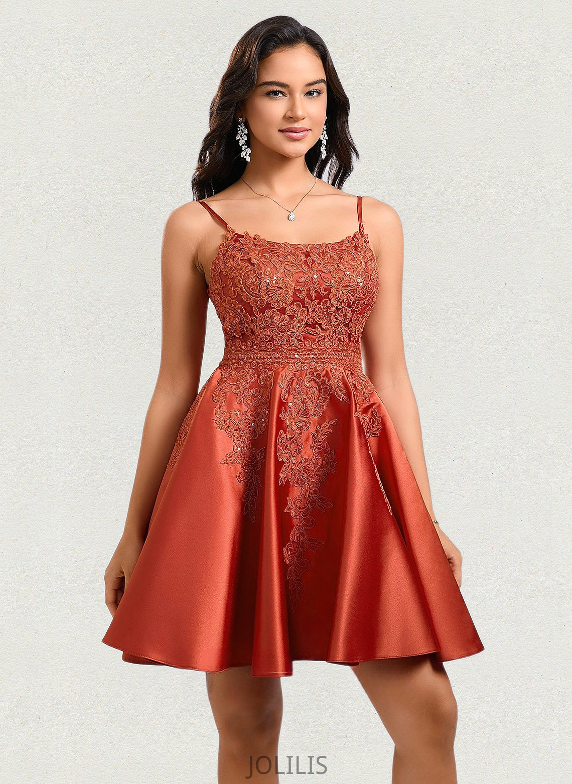 Terri A-line Scoop Short Satin Lace Homecoming Dress With Sequins HIP0025683