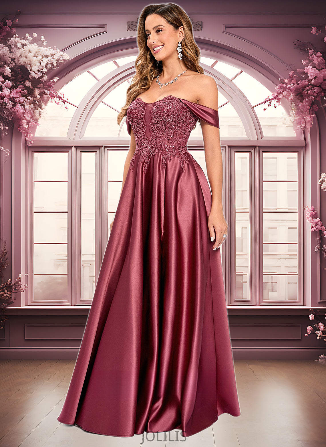 Maia A-line Off the Shoulder Floor-Length Satin Lace Prom Dresses With Sequins HIP0025841