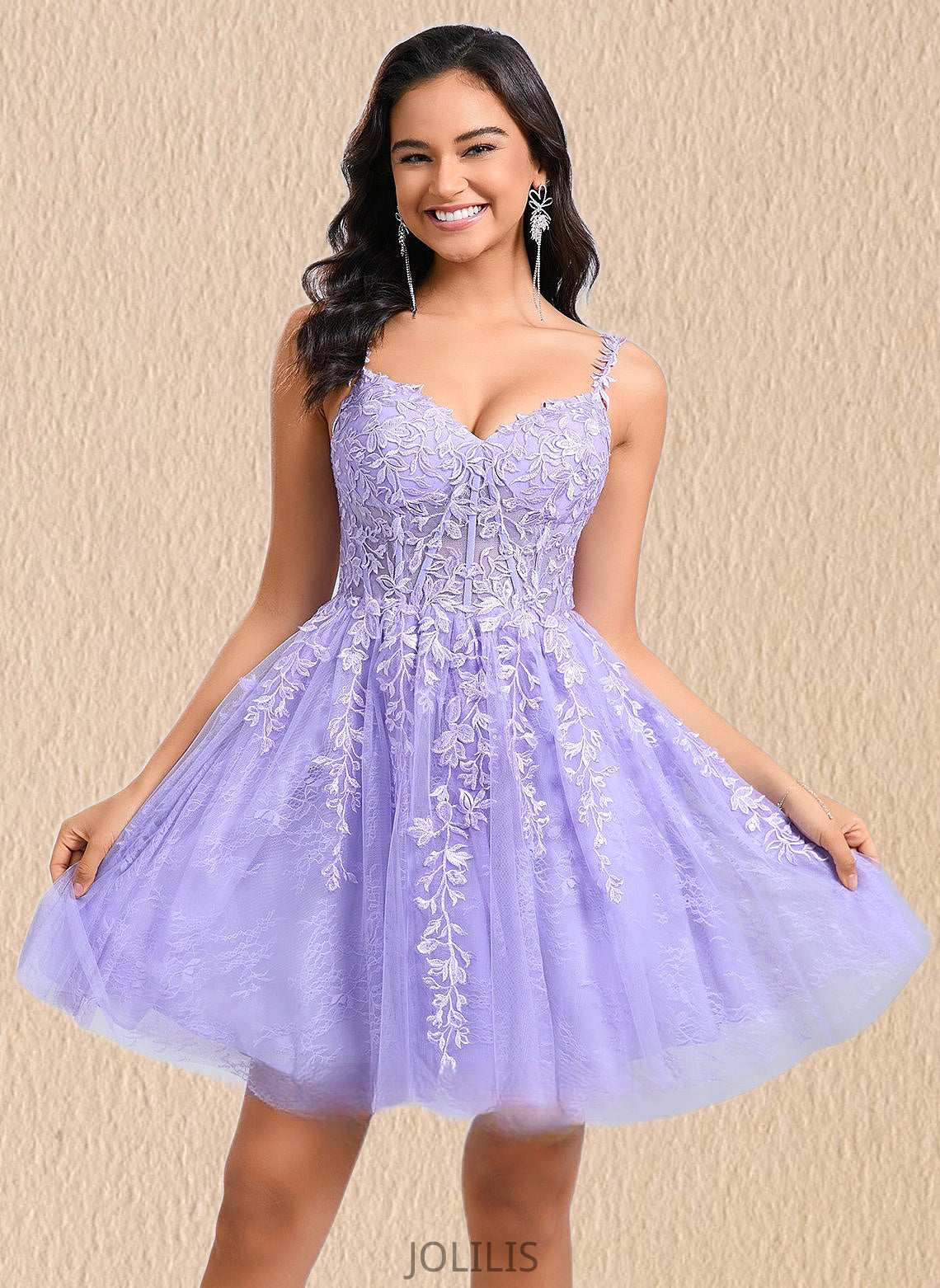 Aliana A-line V-Neck Short Tulle Lace Homecoming Dress HIP0025640