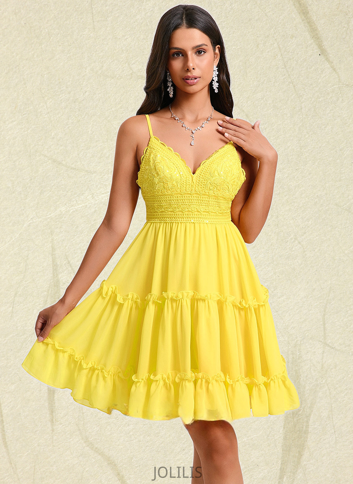 Alisson A-line V-Neck Short Chiffon Homecoming Dress With Ruffle Sequins HIP0025700