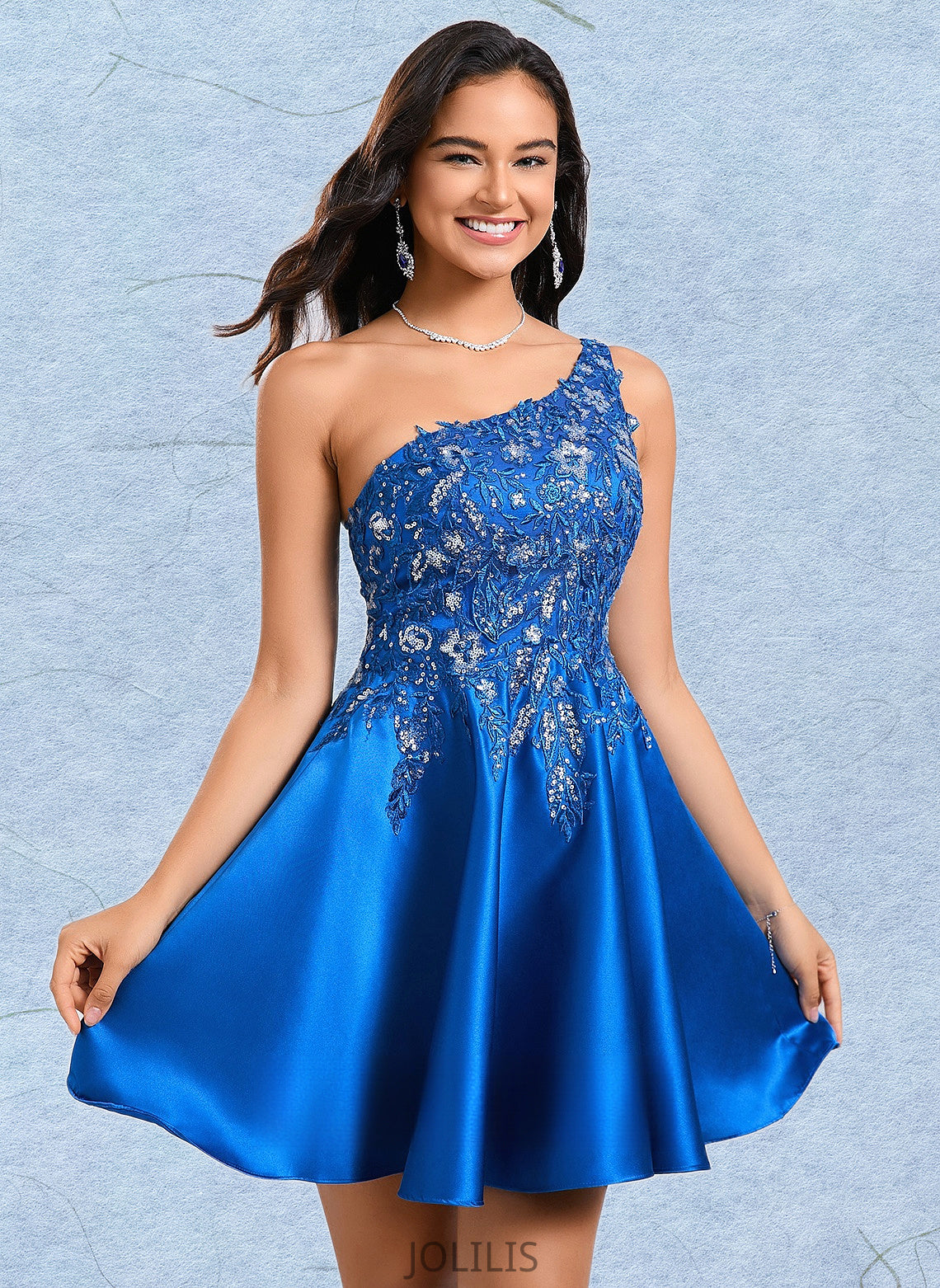 Dixie A-line One Shoulder Short Satin Homecoming Dress With Appliques Lace Sequins HIP0025657