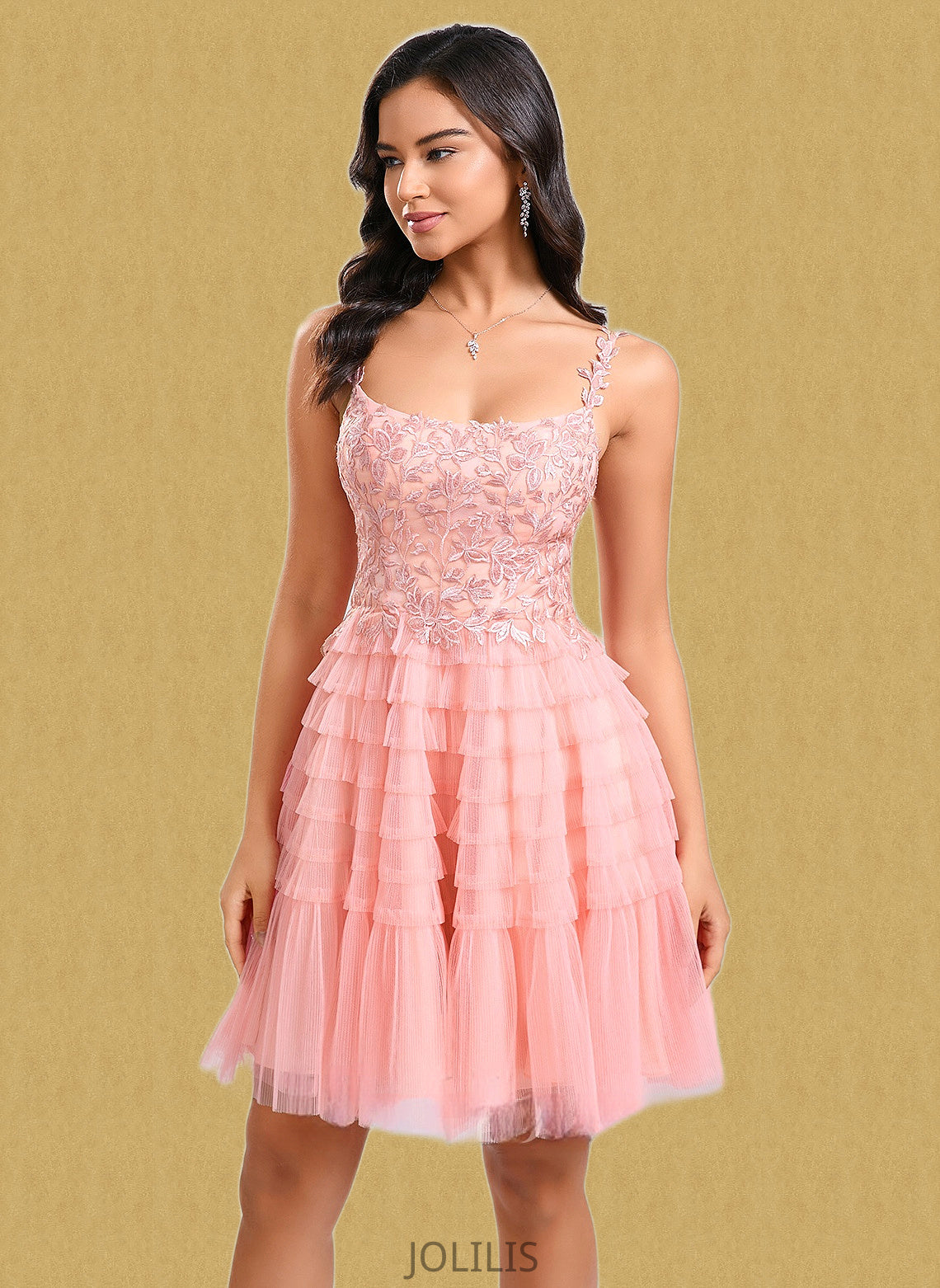 Lucille Ball-Gown/Princess Scoop Short Tulle Lace Homecoming Dress With Ruffle HIP0025676