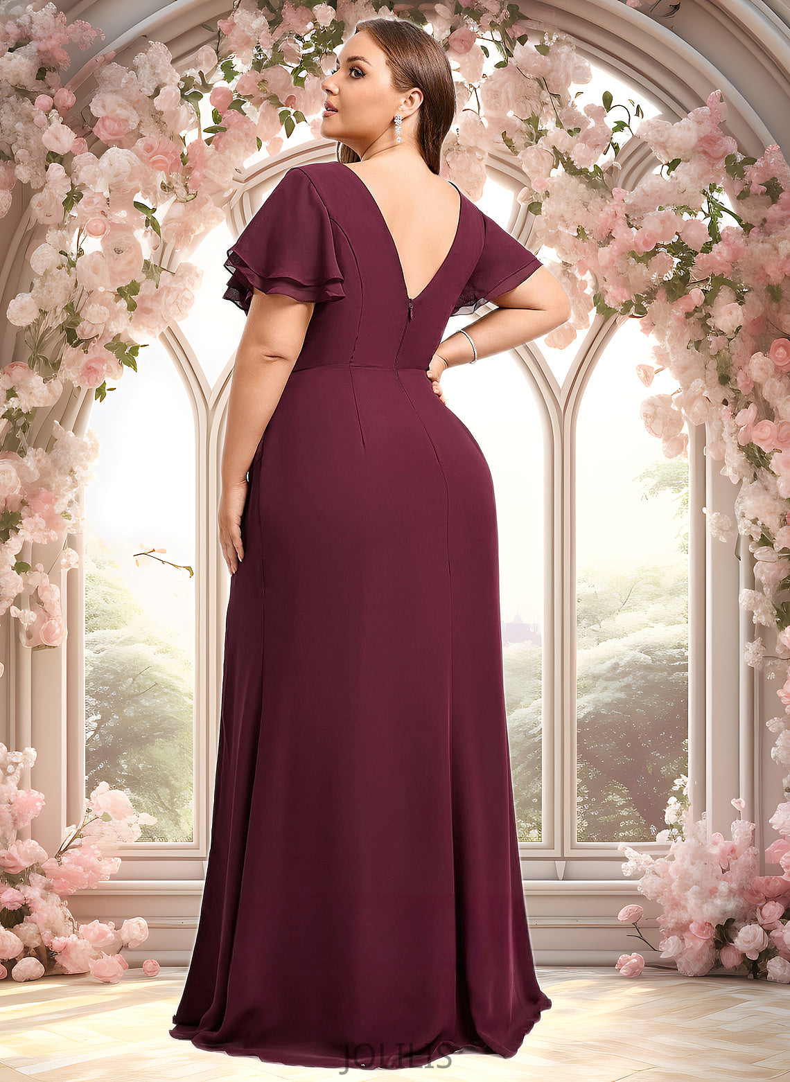 Caitlin A-line Boat Neck Floor-Length Chiffon Bridesmaid Dress With Ruffle HIP0025827