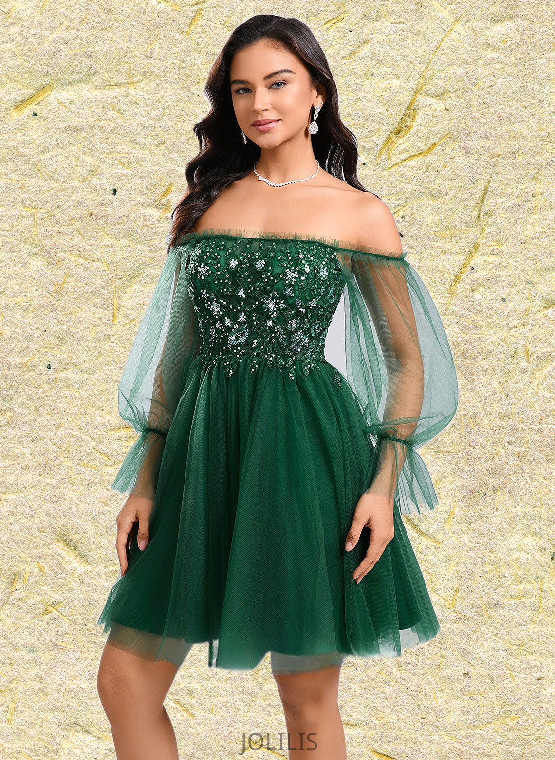 Briana A-line Off the Shoulder Short Tulle Homecoming Dress With Sequins Appliques Lace HIP0025663