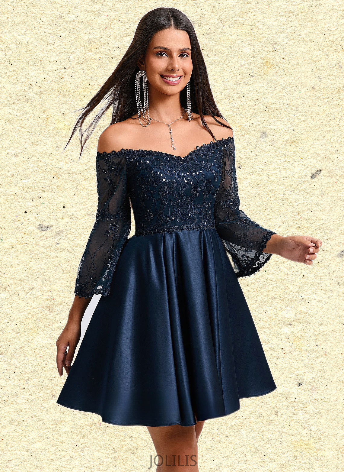 Sierra A-line Off the Shoulder Short Satin Homecoming Dress With Sequins HIP0025651