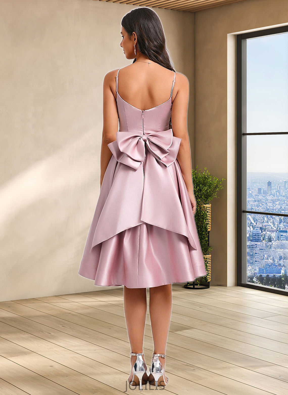 Olive A-line V-Neck Asymmetrical Satin Homecoming Dress With Bow Pleated HIP0025699