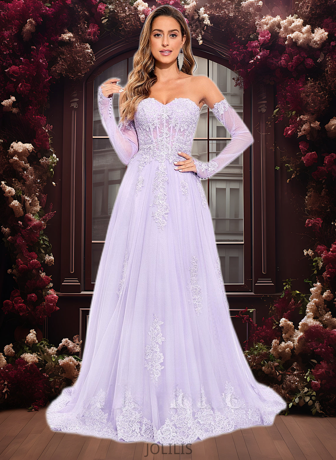 Nydia A-line Sweetheart Sweep Train Tulle Prom Dresses With Sequins Appliques Lace HIP0025856