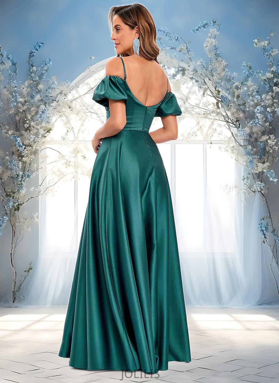 Nell A-line Off the Shoulder Sweetheart Floor-Length Satin Prom Dresses HIP0025852