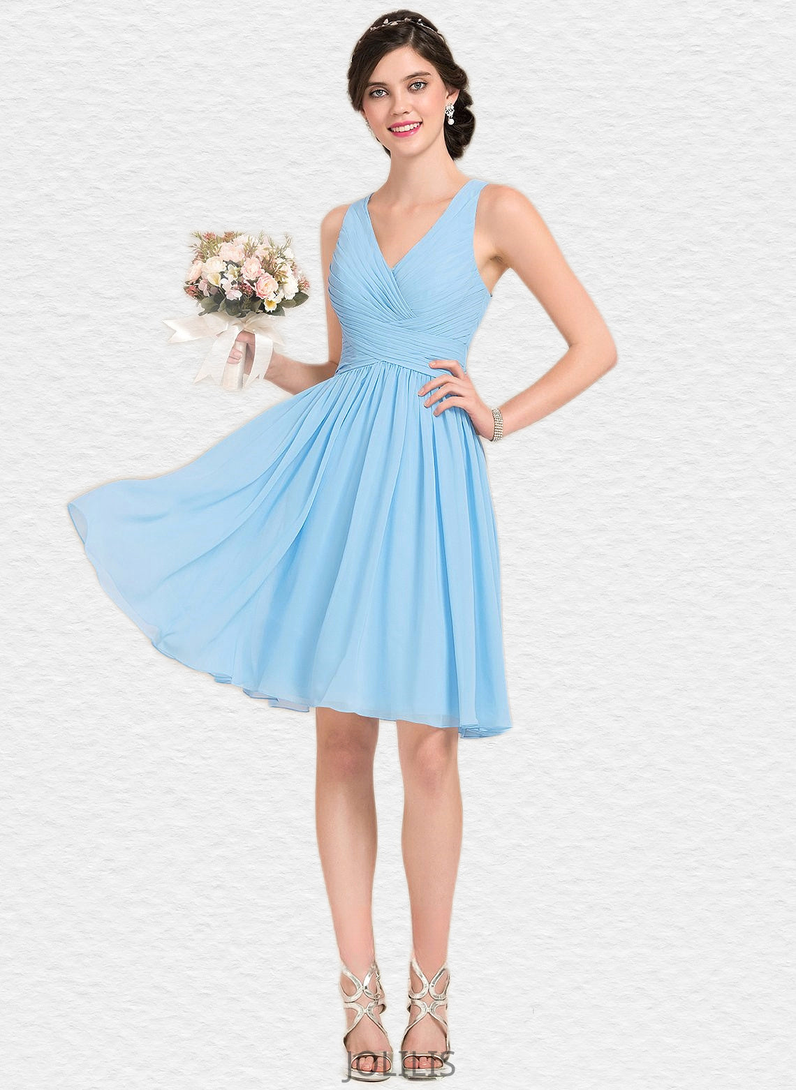 Lillie A-line V-Neck Knee-Length Chiffon Homecoming Dress With Ruffle HIP0025703